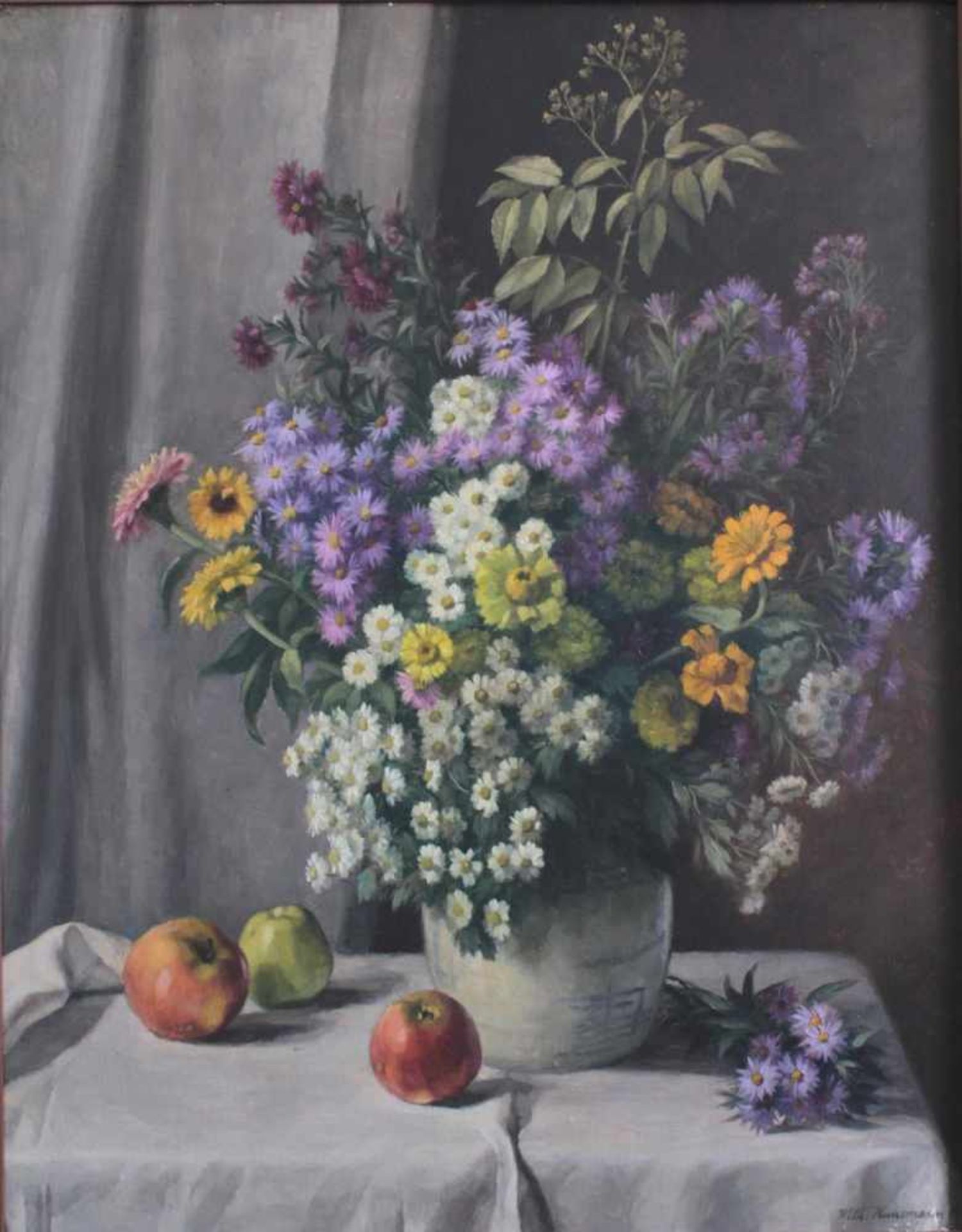Wilhelm Hanemann (1880 - 1962), Frühlingsstrauß in einem Fayencekrug auf einem Tisch mit ÄpfelnÖl - Image 2 of 4