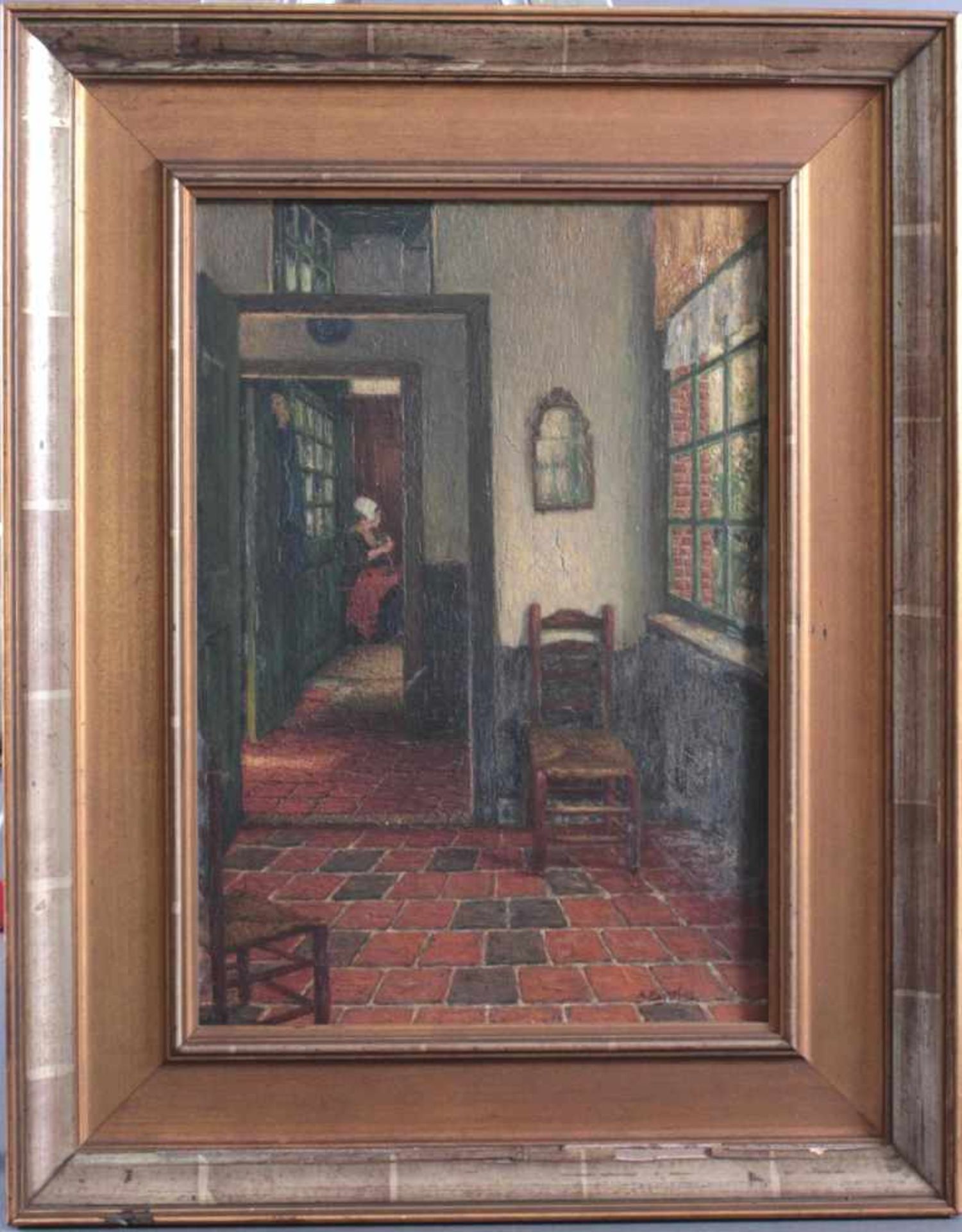 Albert Engstfeld 1876 - 1956, Stubeninterieur, sitzende MagdÖl auf Platte, gerahmt, ca. 41 x 28 cm.