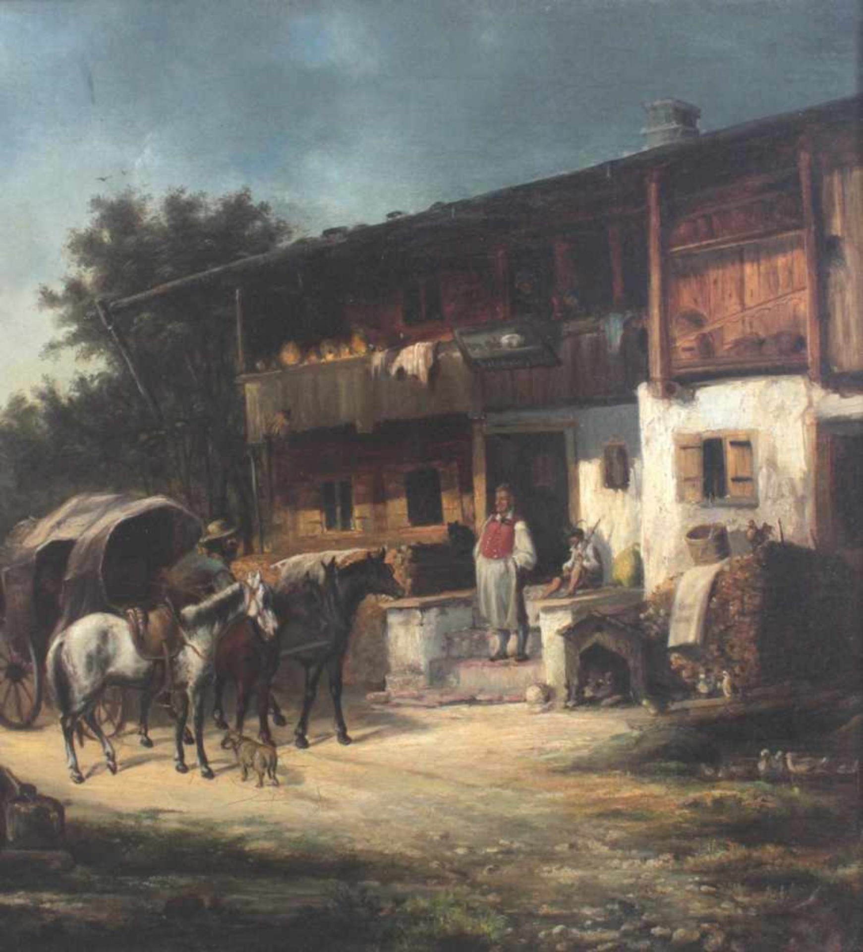 Bauernhof mit Fuhrwerk und Figurenstaffage, 18. JahrhundertÖl auf Leinwand/doubliert, rechts unten - Bild 4 aus 10