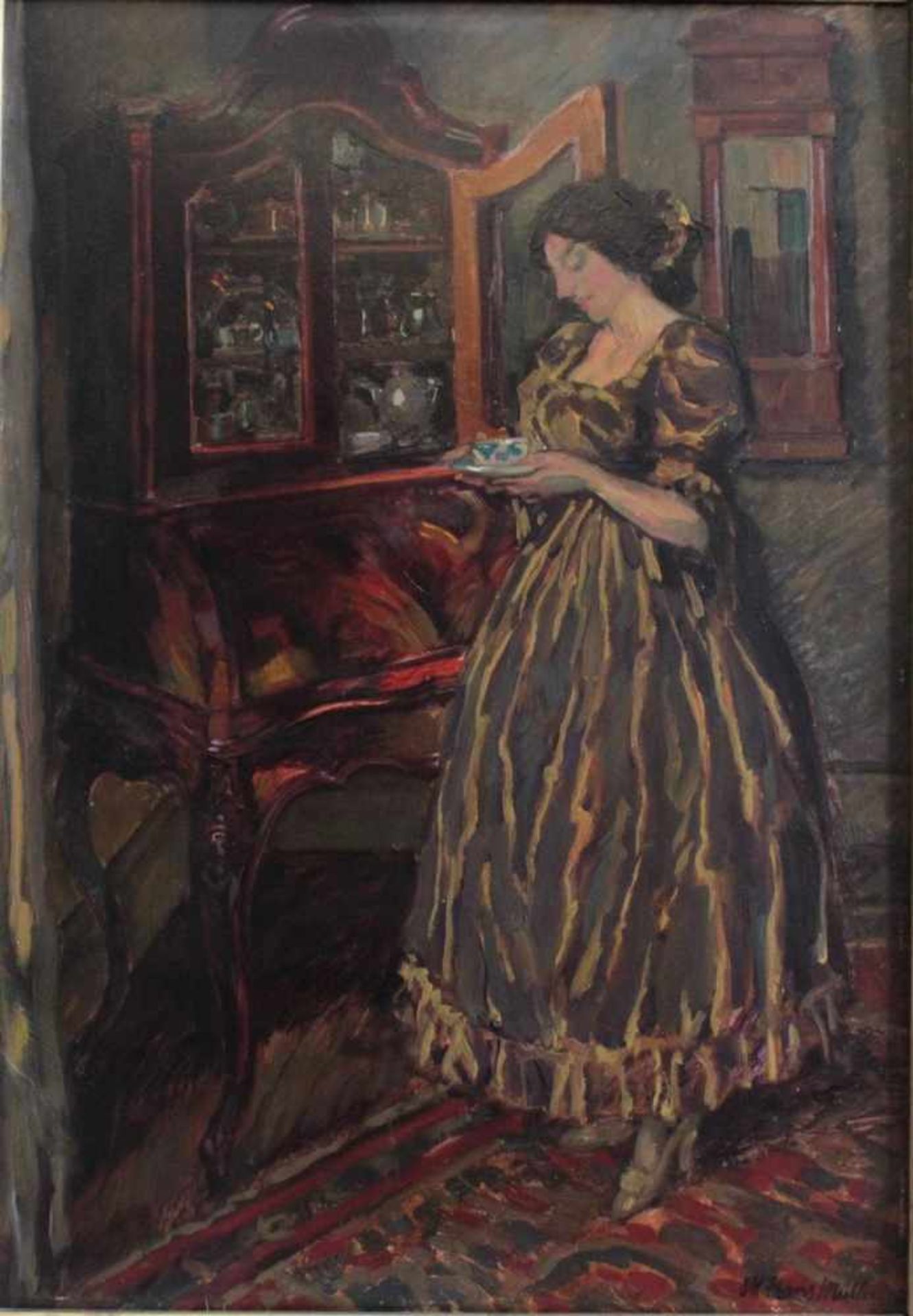 Hans Adolf Müller (1888-1934). "Damen im Salon mit einer Tasse Tee"﻿﻿﻿Öl auf Pappe, unten rechts - Bild 2 aus 4