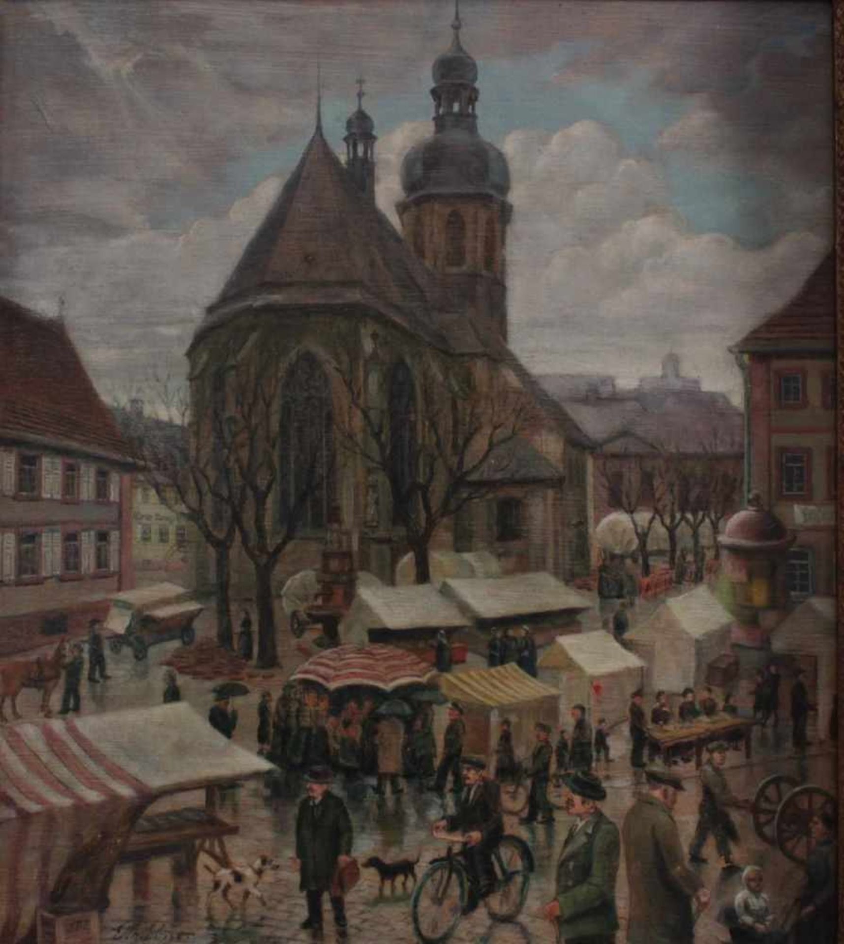 E. Th. Ebner, "Marktplatz mit Kirche"Öl auf Faserplatte gemalt, unten rechts signiert, gerahmt, - Bild 2 aus 4