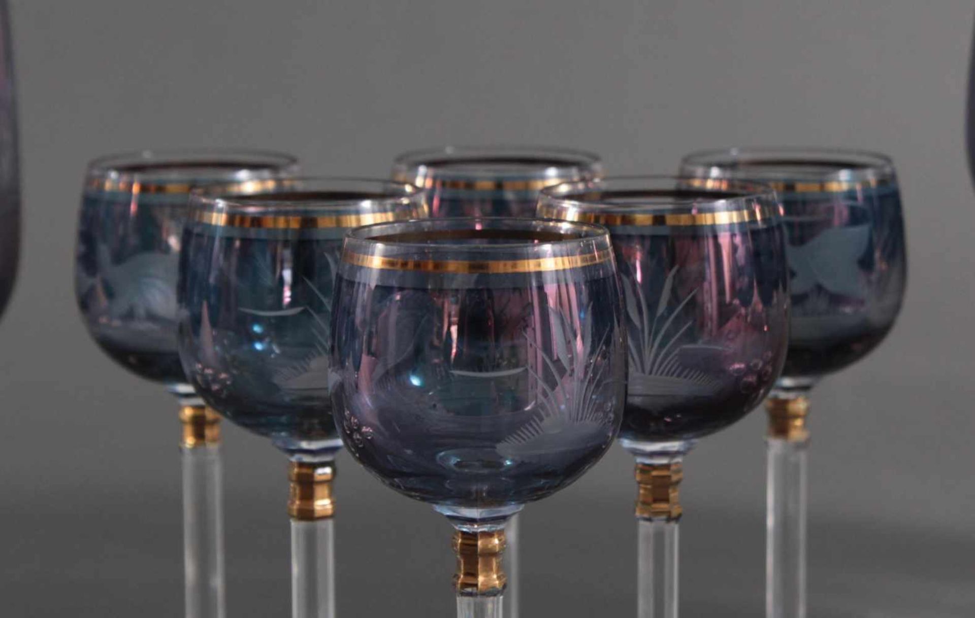 Glasset für 6 PersonenKristall, farbloses Glas blau überfangen, gold staffiert mit - Bild 3 aus 5