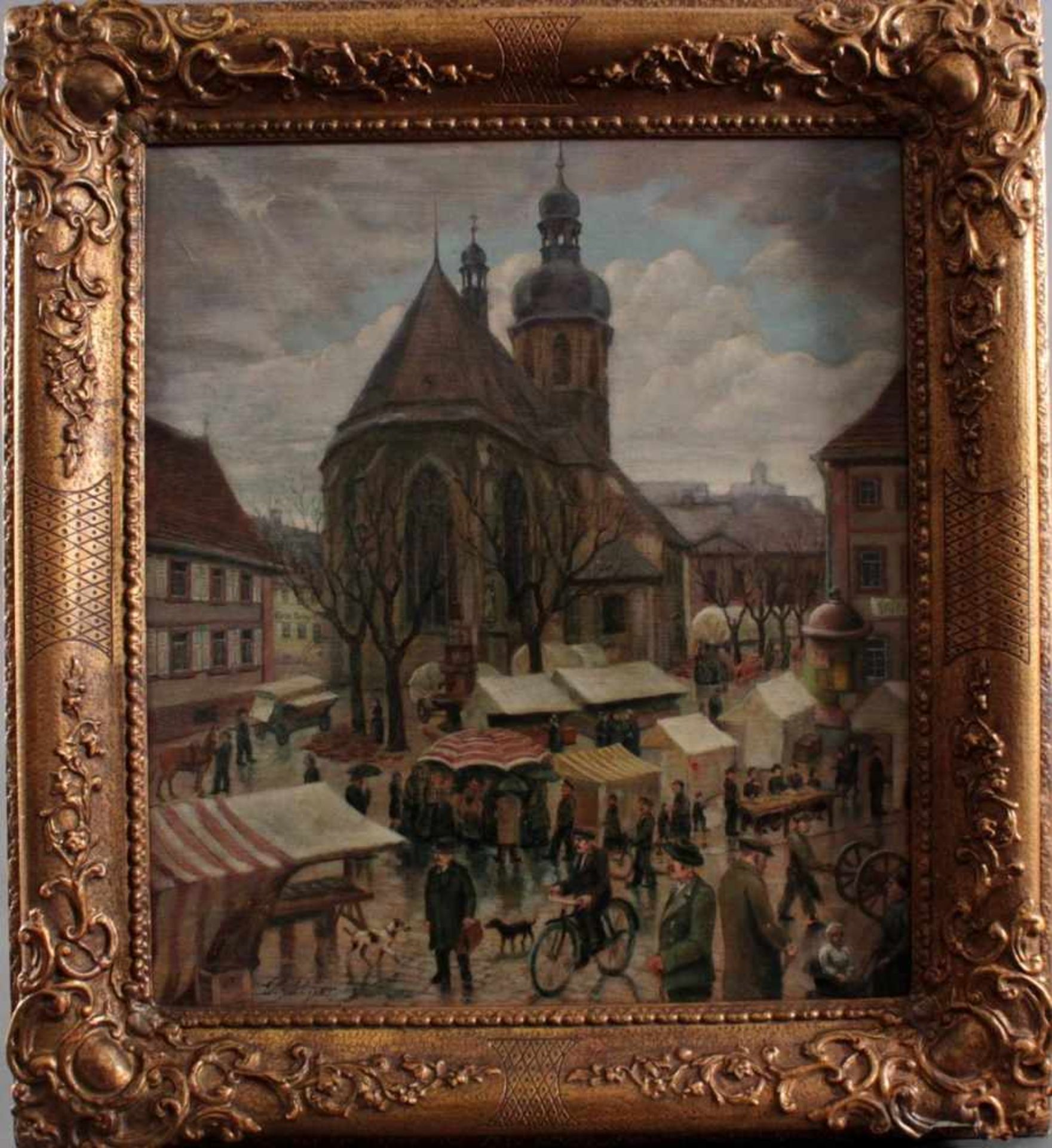 E. Th. Ebner, "Marktplatz mit Kirche"Öl auf Faserplatte gemalt, unten rechts signiert, gerahmt,