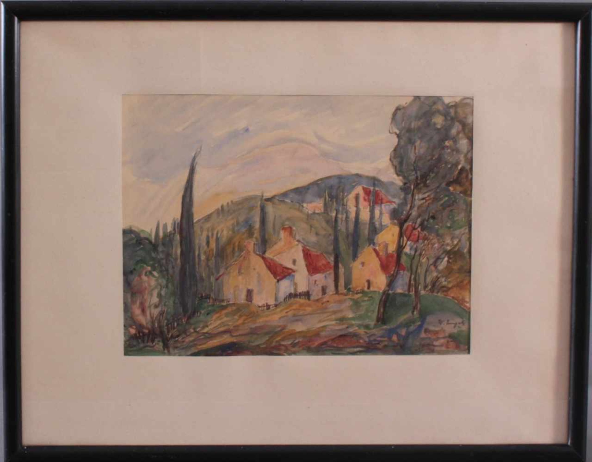 Walter Engels (1891-?)Aquarell auf Papier, "Dorf-Ansicht mit Bergen", ca. 23 x 31 cm. Hinter Glas