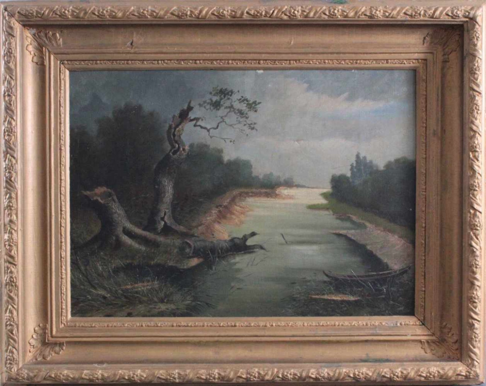 Flusslandschaft mit Boot um 1900, unbekannter KünstlerÖl auf Leinwand gemalt, unsigniert, Leinwand
