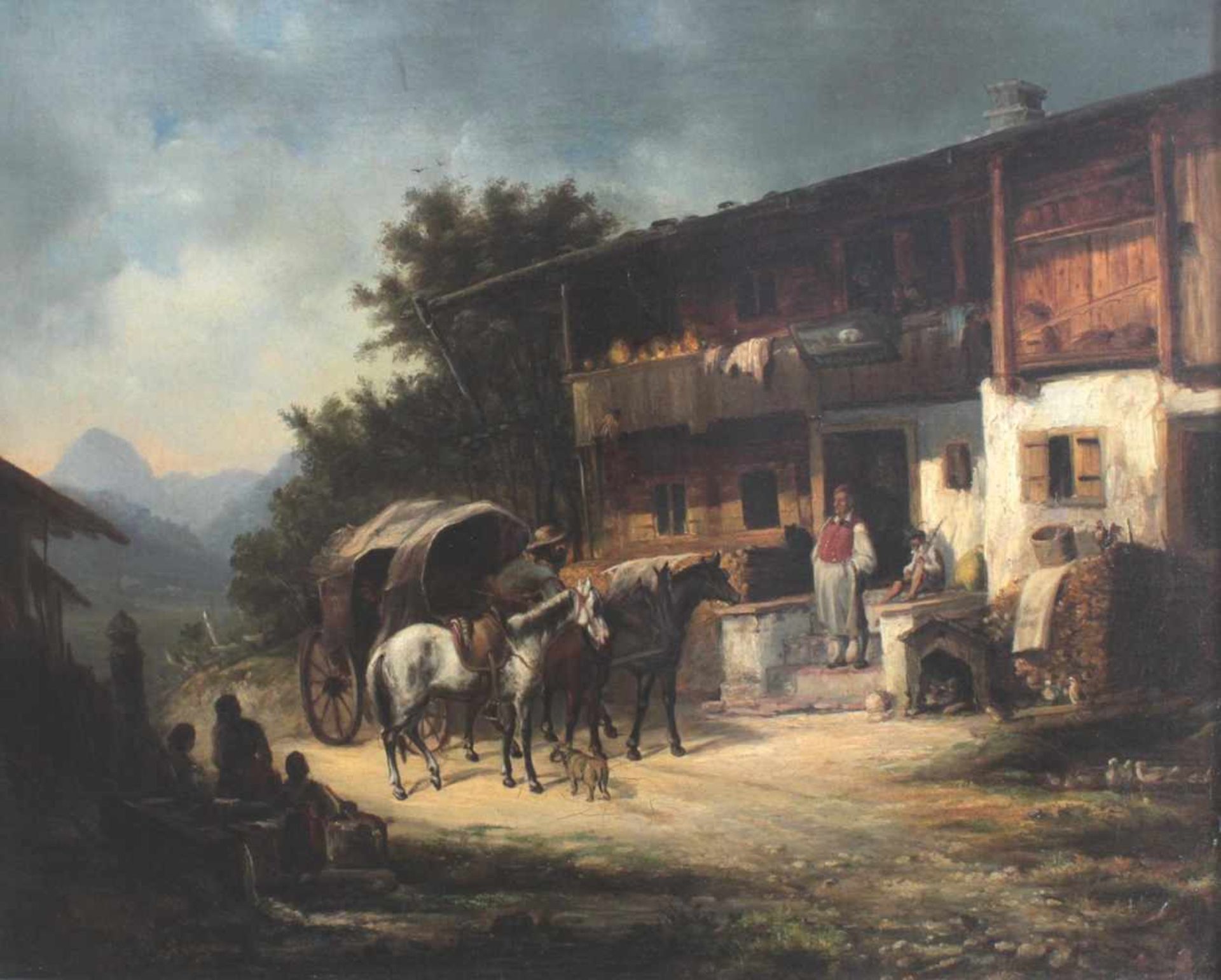 Bauernhof mit Fuhrwerk und Figurenstaffage, 18. JahrhundertÖl auf Leinwand/doubliert, rechts unten - Bild 2 aus 10
