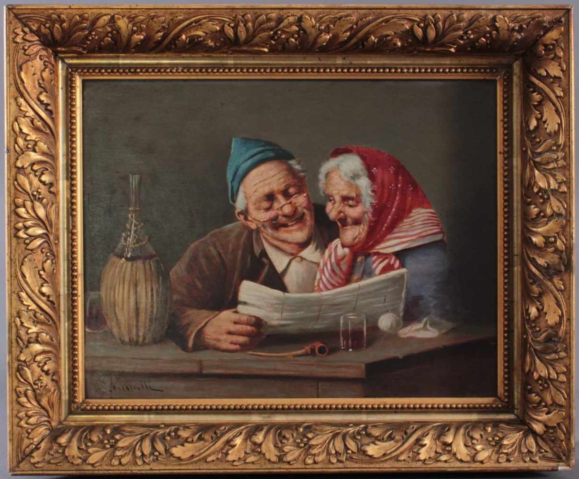 Schusselli ?-?, Mann und Frau lachend die Zeitung lesendÖl auf Holz gemalt, unten links signiert,