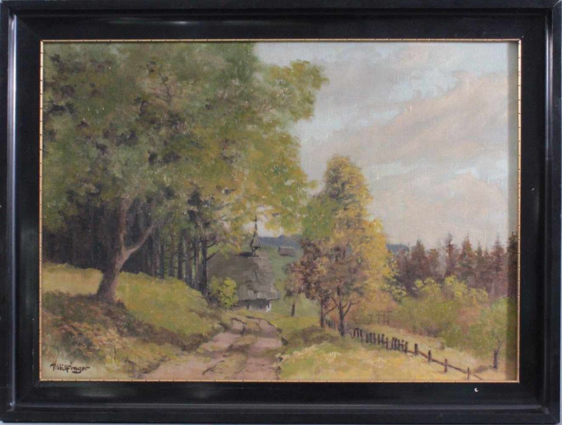 F. Hilfinger ?-?, "Sommerliche Landschaft mit Kirche"Öl auf Leinwand gemalt, unten links signiert,