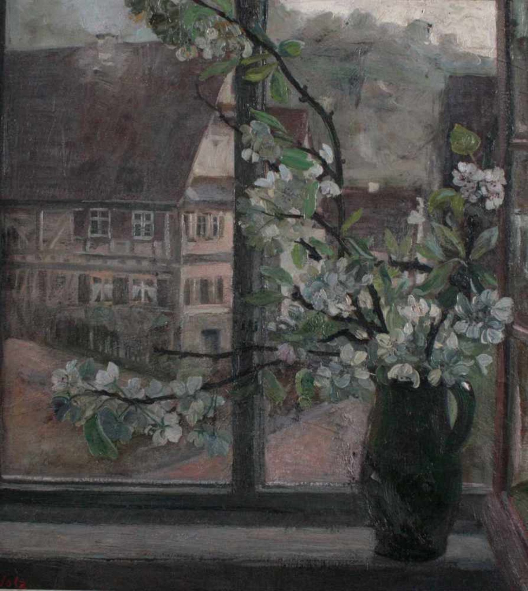 W. Volz (1855-1901), Fensterblick mit Fachwerkaus und BlumenÖl auf Leinwand, unten links signiert, - Bild 2 aus 4