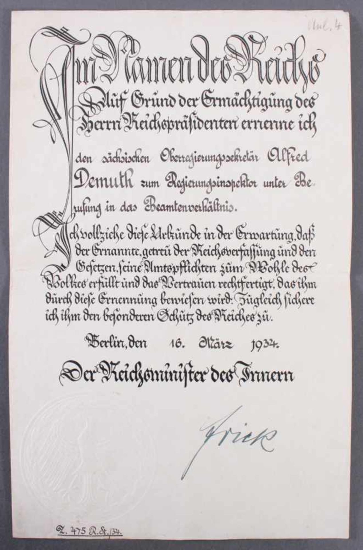 Urkunde mit Autograph Wilhelm FrickErnennungsurkunde zum Regierungsinspektor vom 16. März