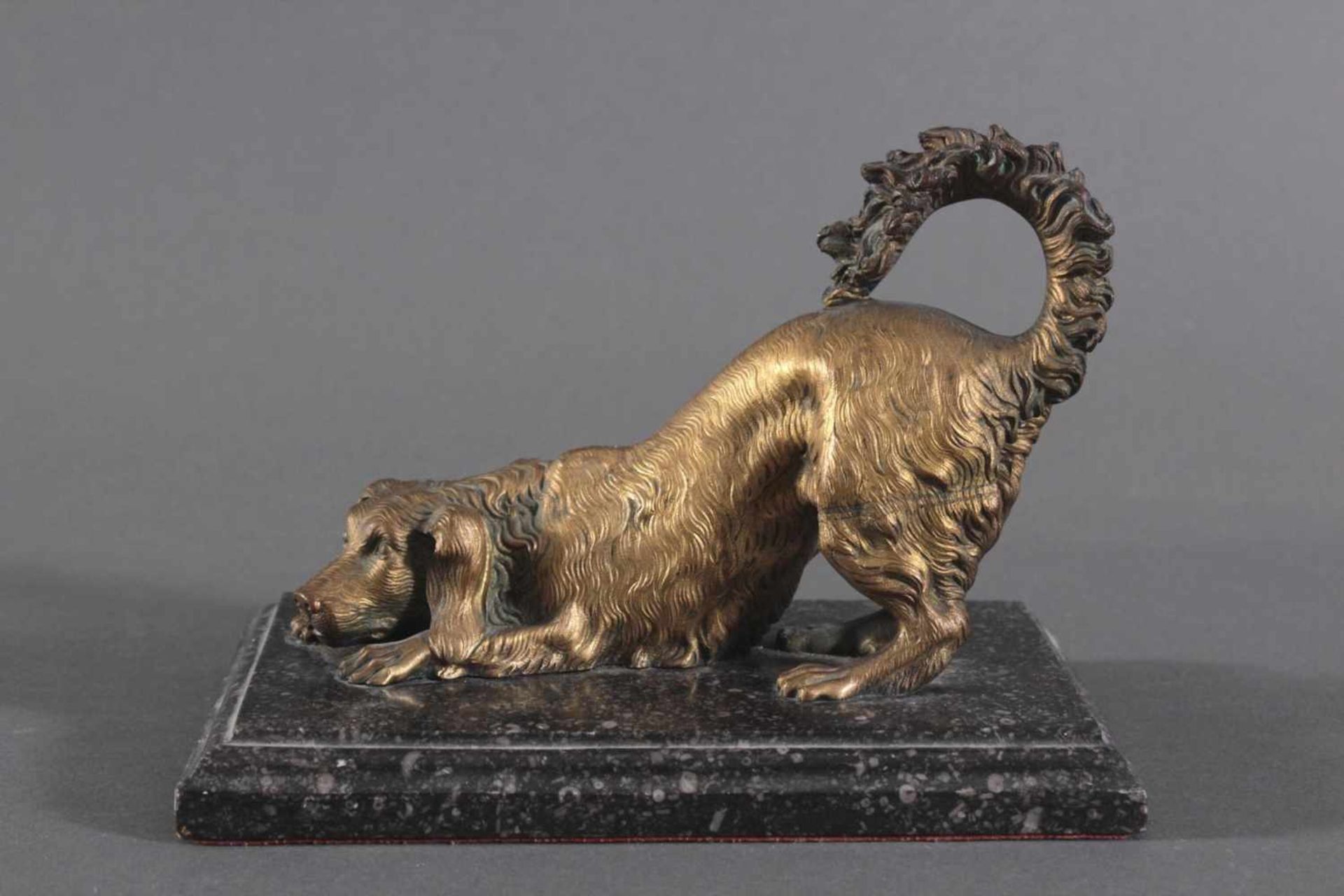 Wiener Bronze-Skulptur "Jagdhund" um 1900Lauernder Hund auf Marmorplinthe, unsigniert, - Bild 2 aus 5