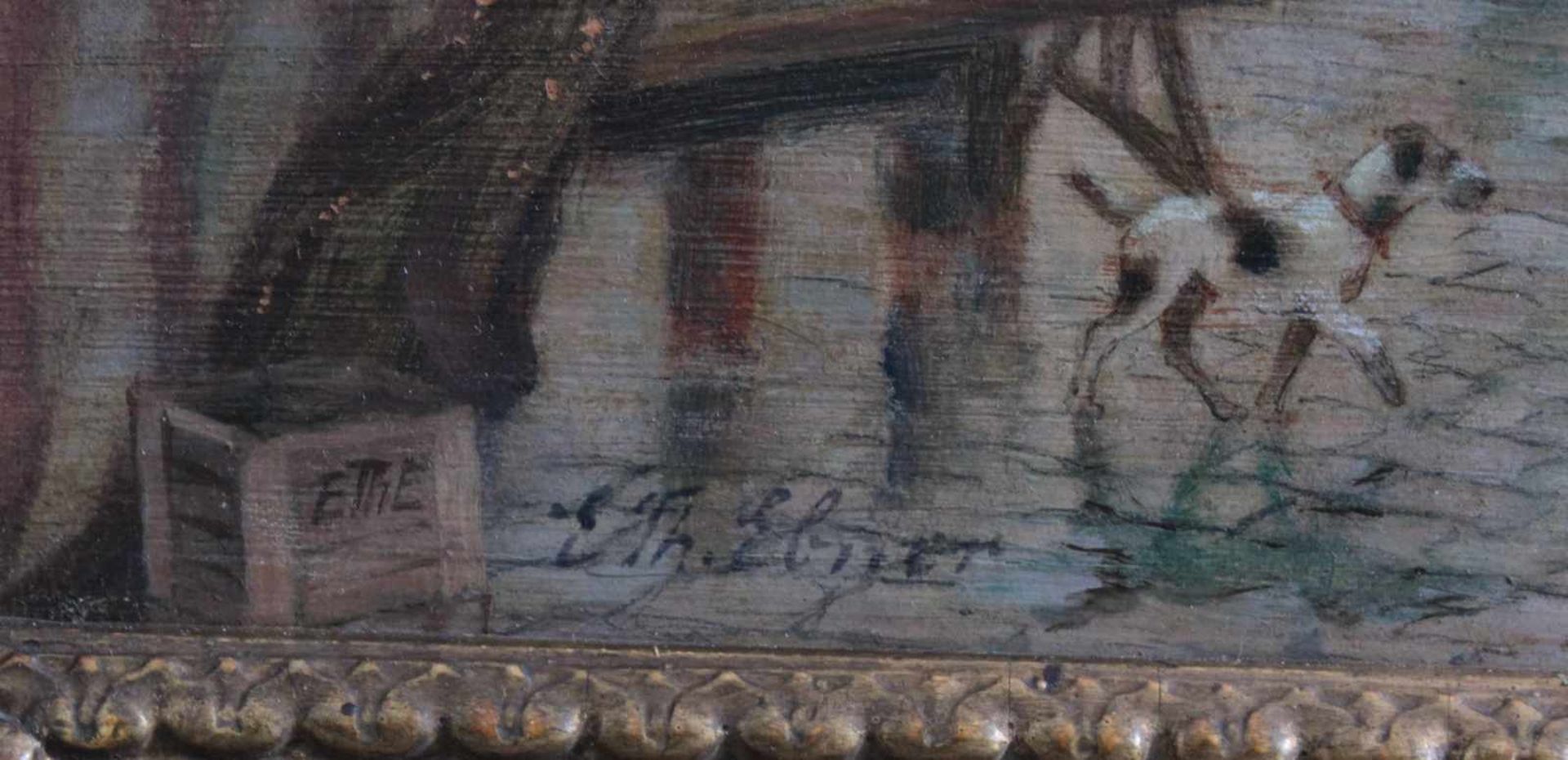 E. Th. Ebner, "Marktplatz mit Kirche"Öl auf Faserplatte gemalt, unten rechts signiert, gerahmt, - Bild 3 aus 4