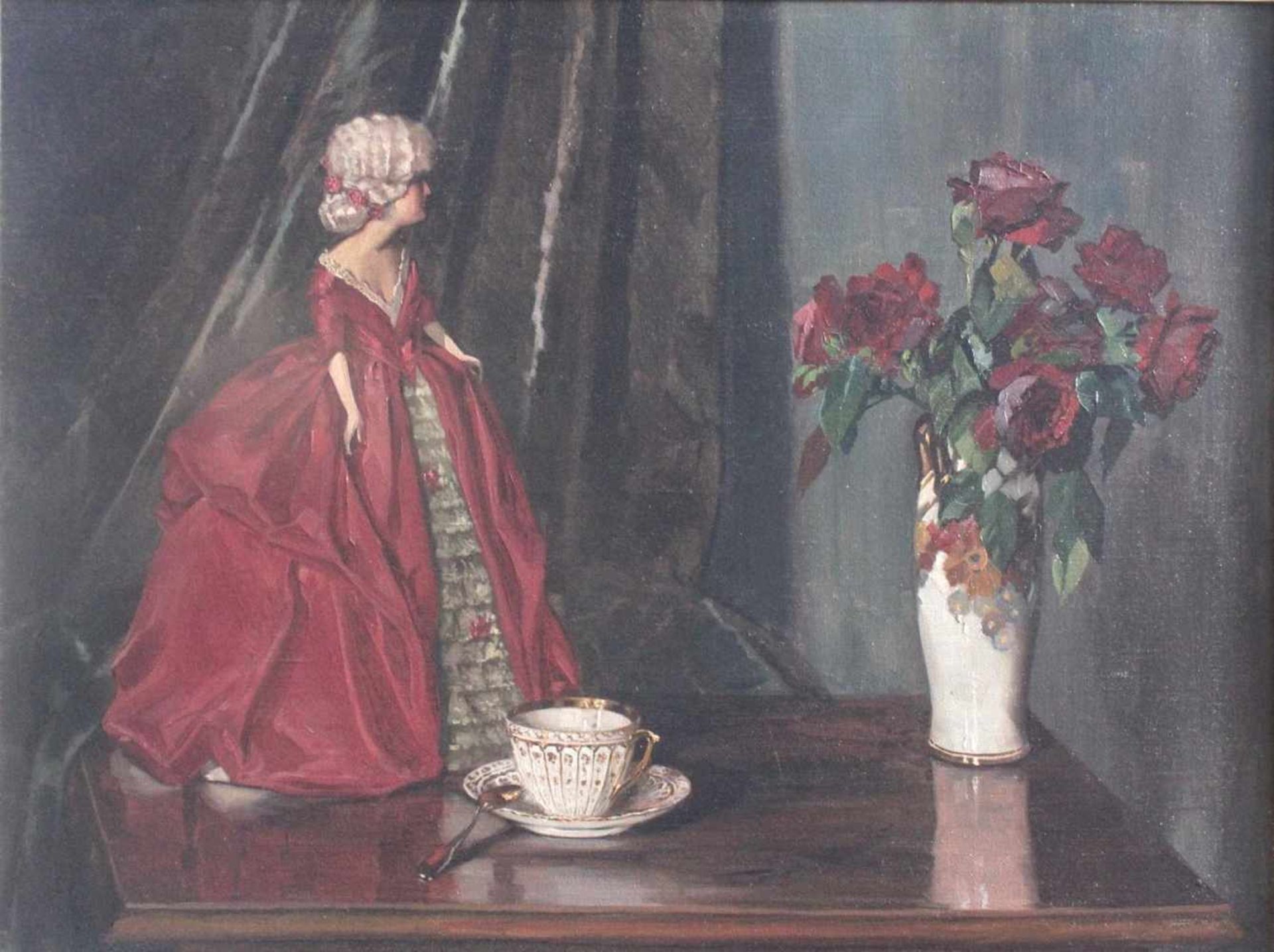Biedermeier-StilllebenÖl auf Leinwand, " Porzellanfigur mit Tasse und Blumenvase", unsigniert, ca. - Bild 2 aus 3