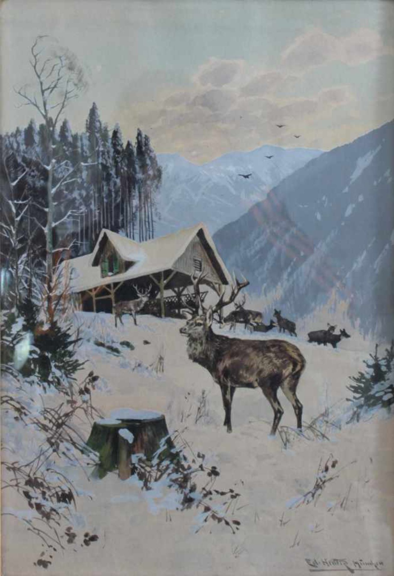 Eduard Heller 1852 - ? "Rotwild bei der Fütterung"Aquarell auf Papier gemalt, unten rechts mit - Bild 2 aus 3