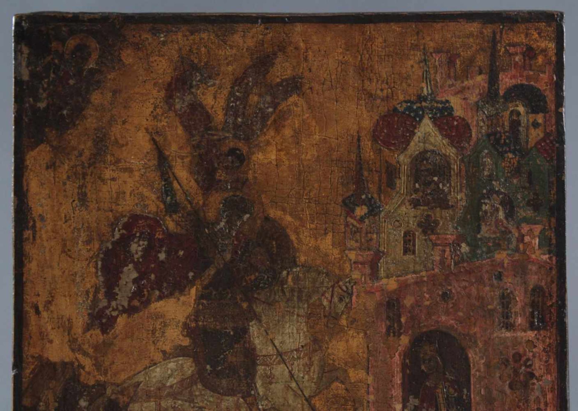 Ikone "Heiliger Georg der Drachentöter", Russland 18. Jh.Ei-Tempara auf goldenem Grund gemalt, - Bild 2 aus 4