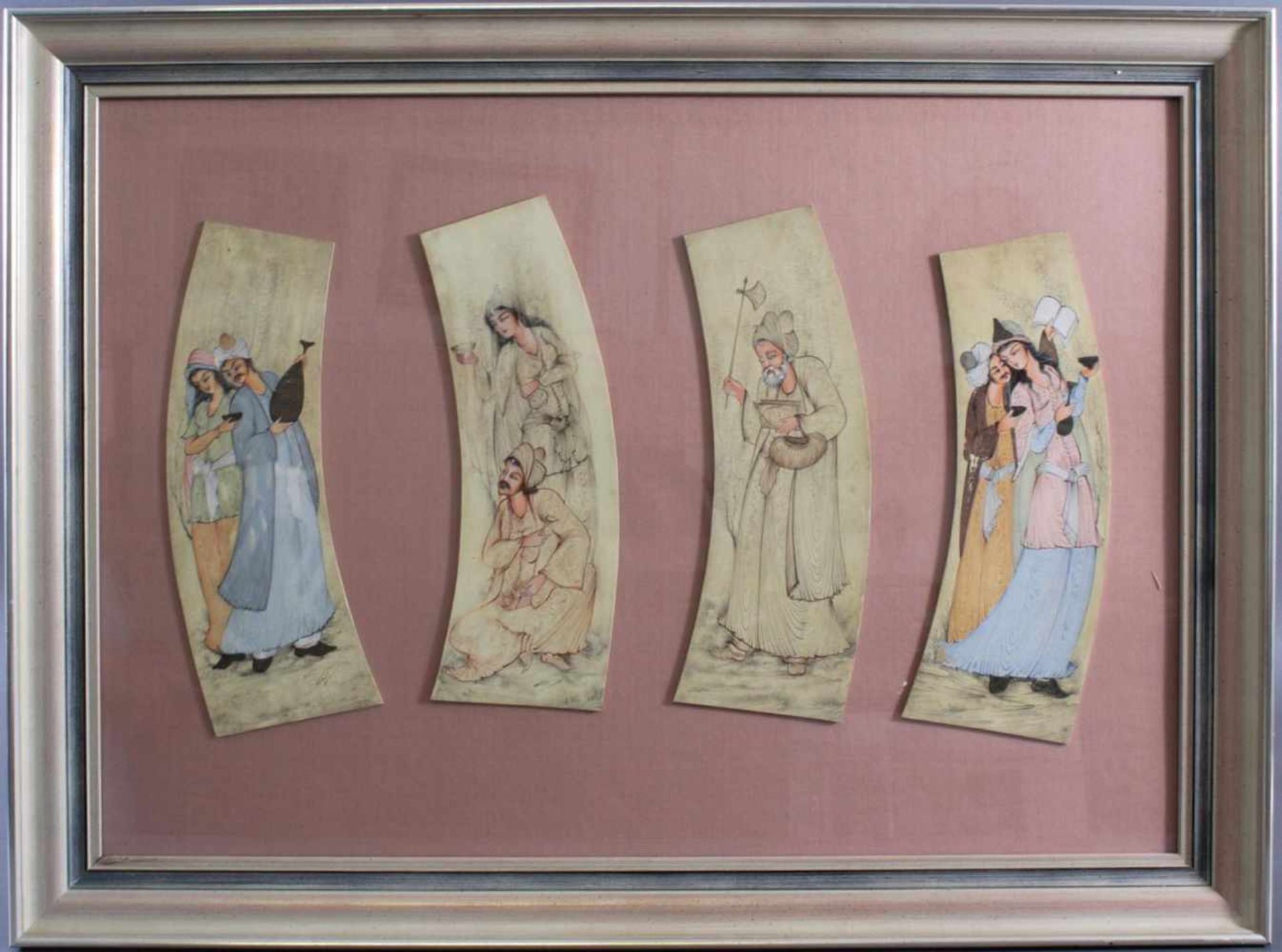 Persische Miniaturmalerei auf Elfenbein 19. Jh.Farbige Malerei, 4 unterschiedliche figürliche