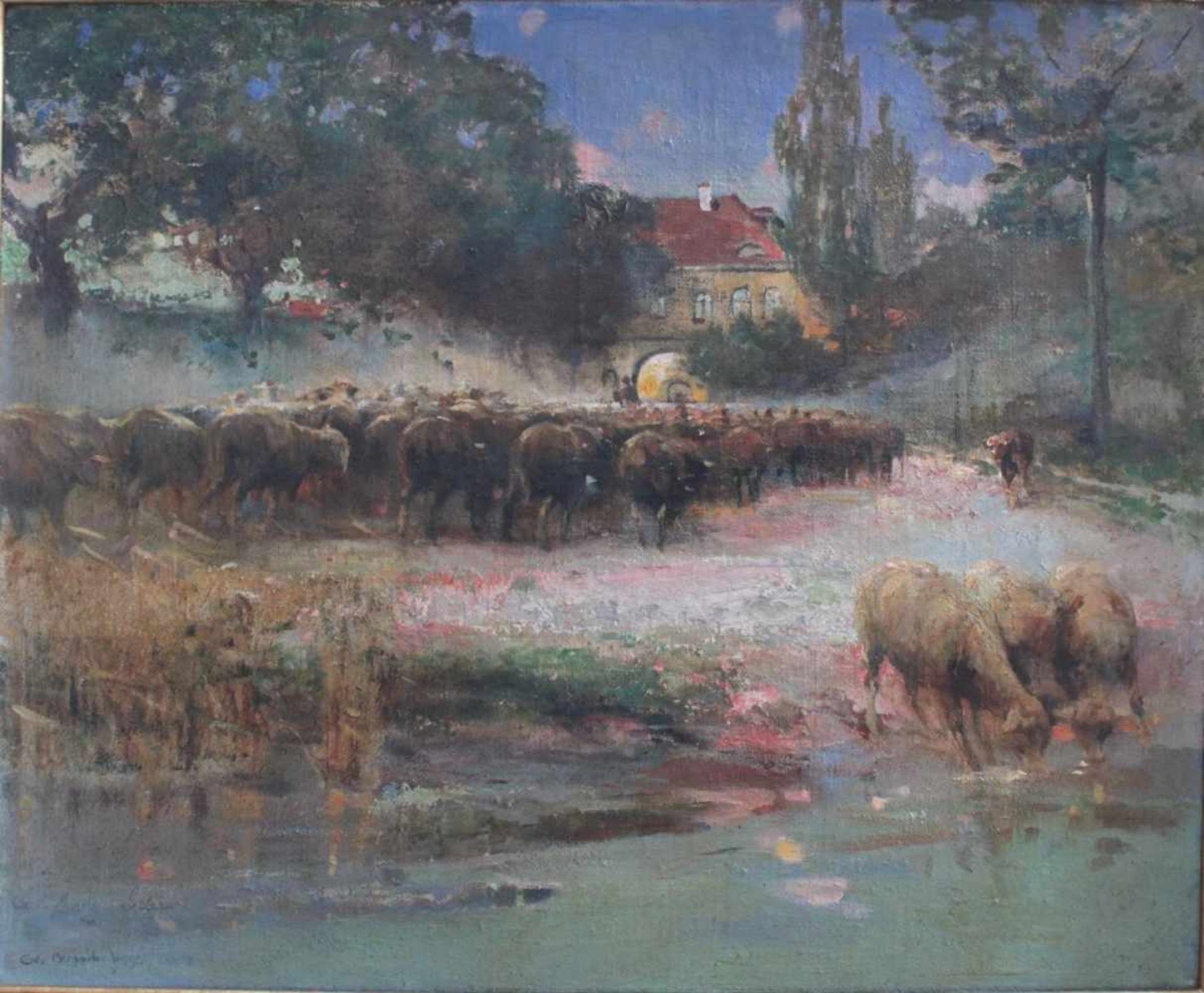 Carl Wilhelm Bergmüller (1864 - 1928), "Schafherde am Fluss"Öl auf Leinwand gemalt, unten links - Bild 2 aus 4