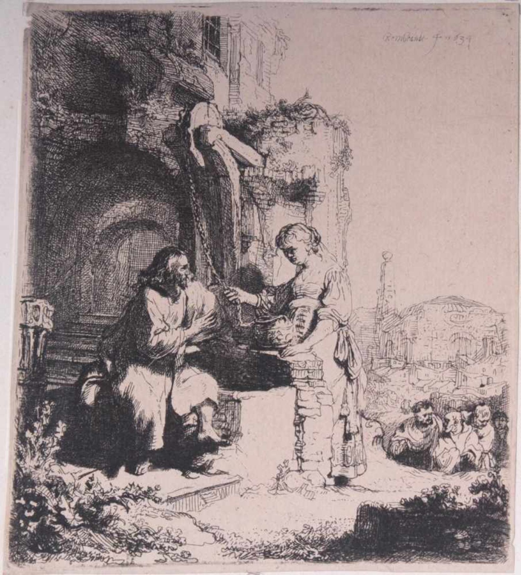 Rembrandt van Rijn (1606 - 1669)Christus und die Samariterin zwischen Ruinen. Radierung. 12,2 x 10,7
