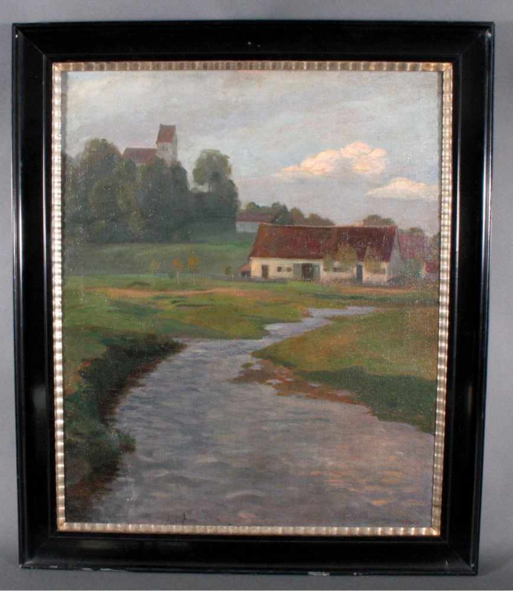 W. Volz (1855-1901). "Landschaft mit Gebäuden und Flußlauf"Öl auf Leinwand, unten rechts signiert