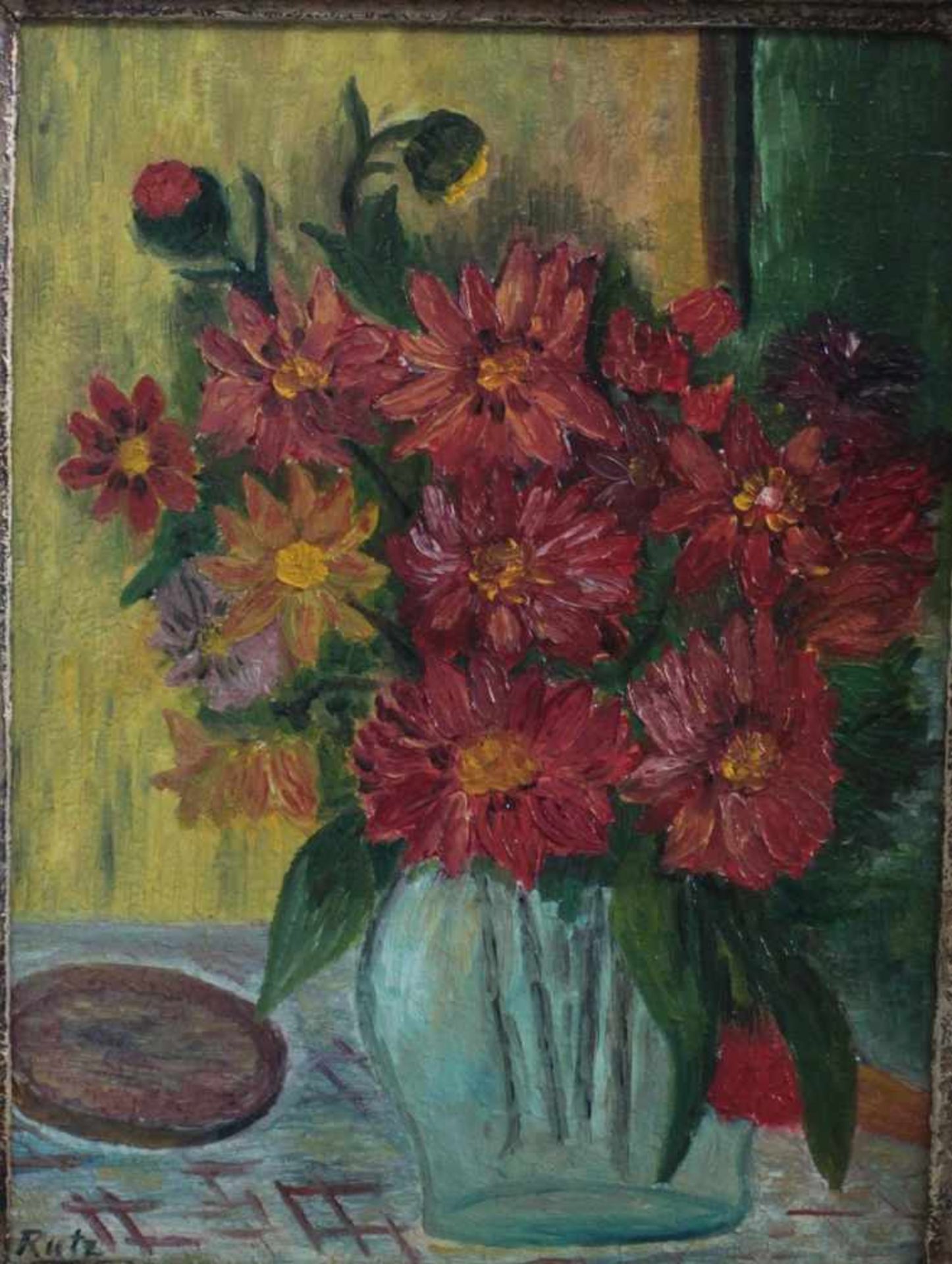 BlumenstilllebenÖl auf Platte, unten links signiert Rutz, ca. 32 x 24,5 cm. Gerahmt - Image 2 of 4