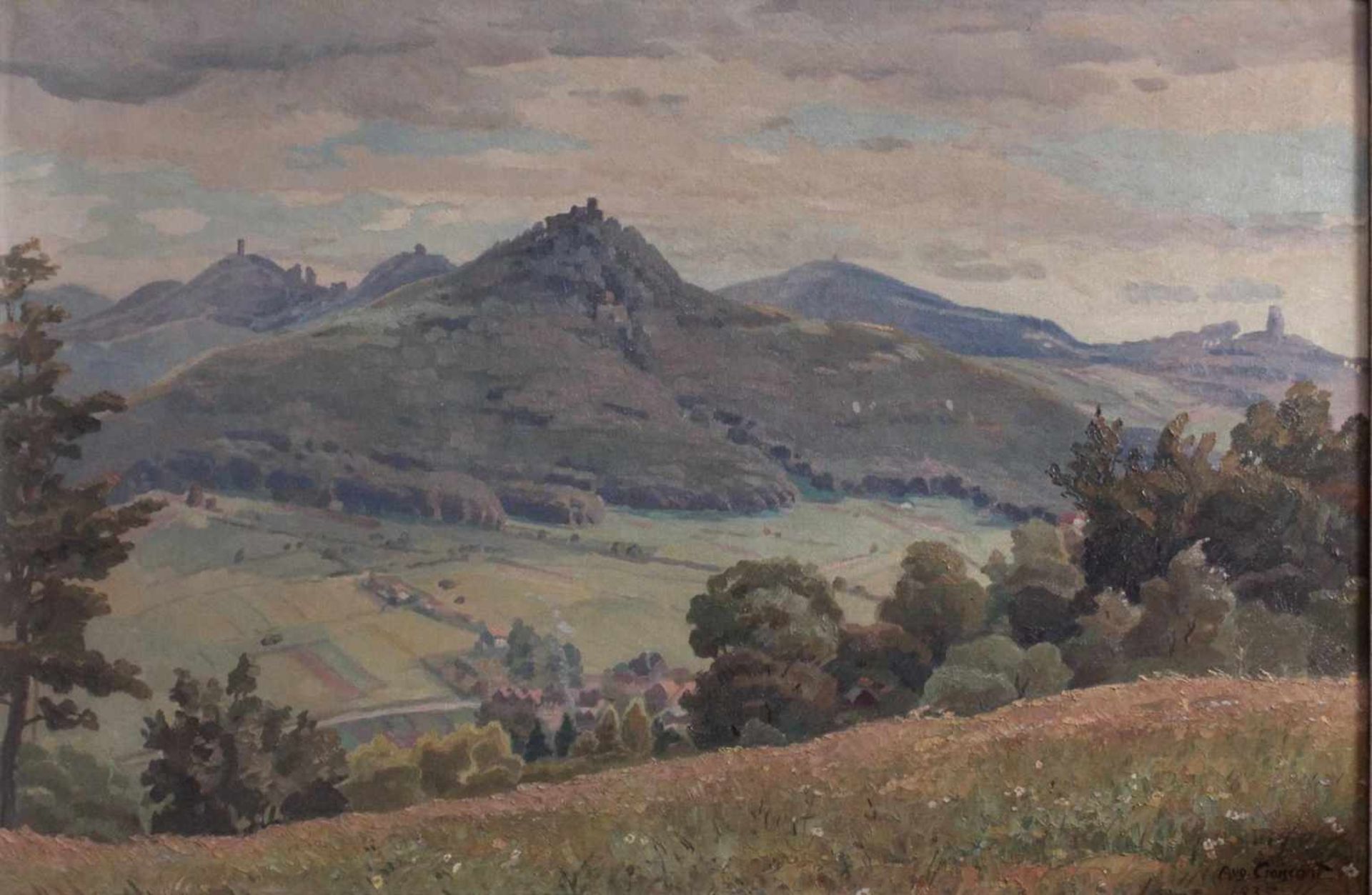 Auguste Croissant (1870 Edenkoben-1941 Landau)Öl auf Leinwand, "Blick auf Trifels, Anebos und Münz", - Bild 2 aus 4