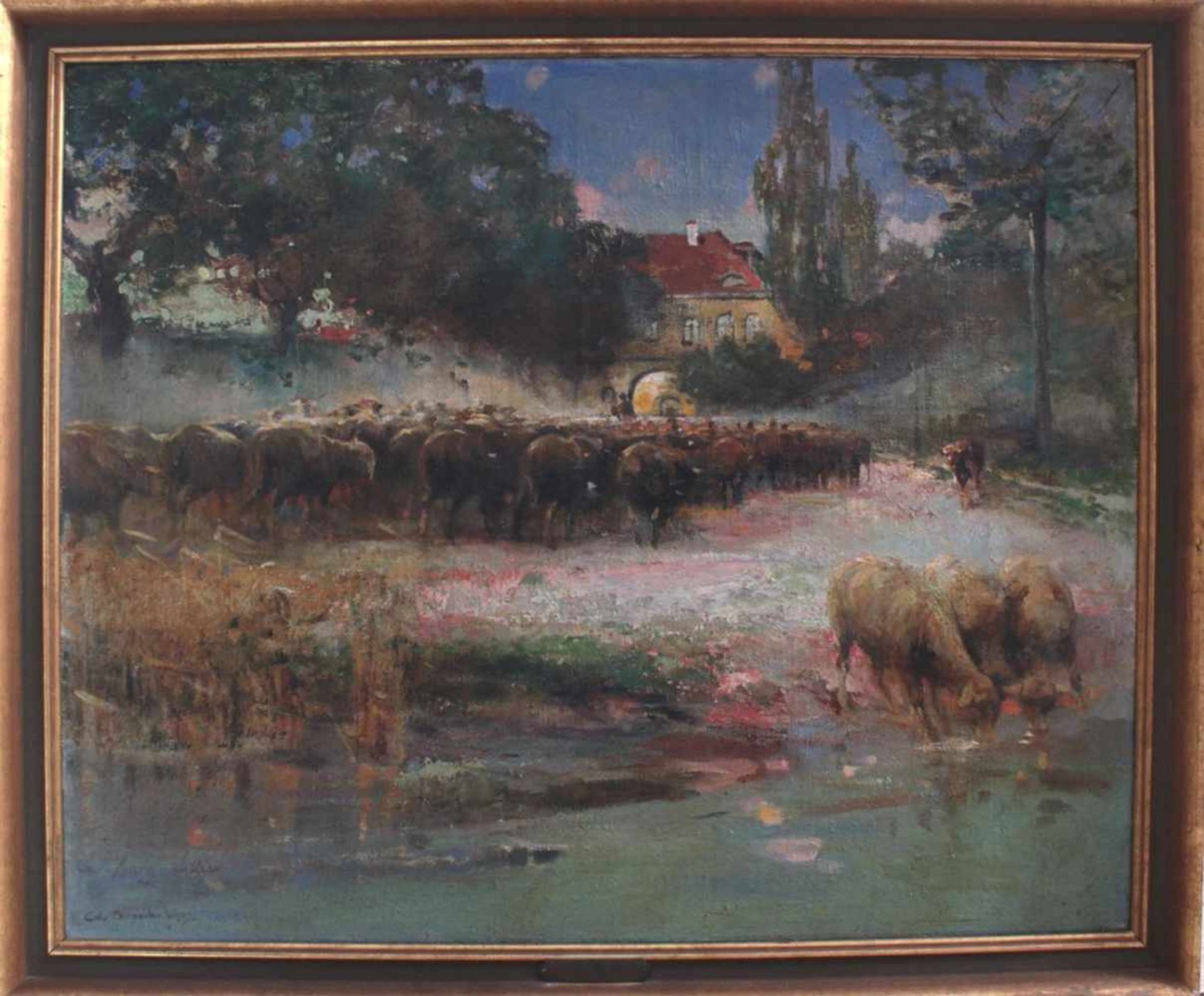 Carl Wilhelm Bergmüller (1864 - 1928), "Schafherde am Fluss"Öl auf Leinwand gemalt, unten links