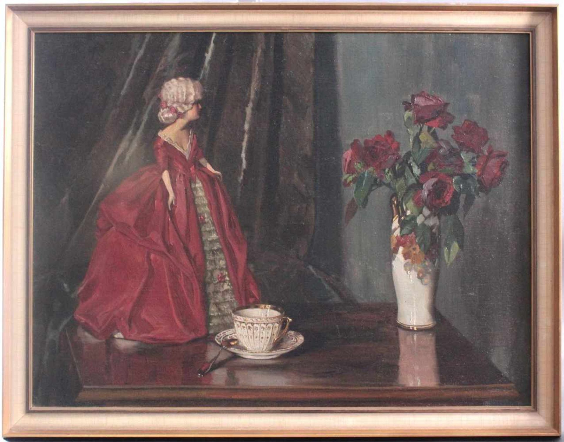Biedermeier-StilllebenÖl auf Leinwand, " Porzellanfigur mit Tasse und Blumenvase", unsigniert, ca.