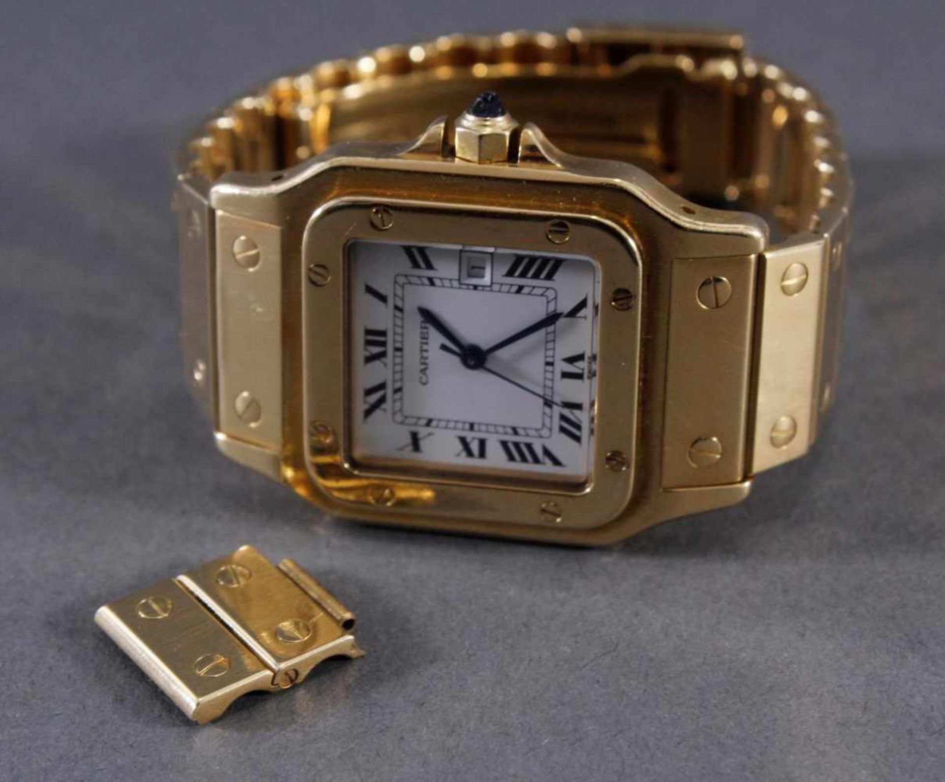 Cartier Herrenarmbanduhr Santos18 Karat Gelbgold. Mit 18 Karat Gliederarmband, hier mit zwei - Bild 7 aus 7