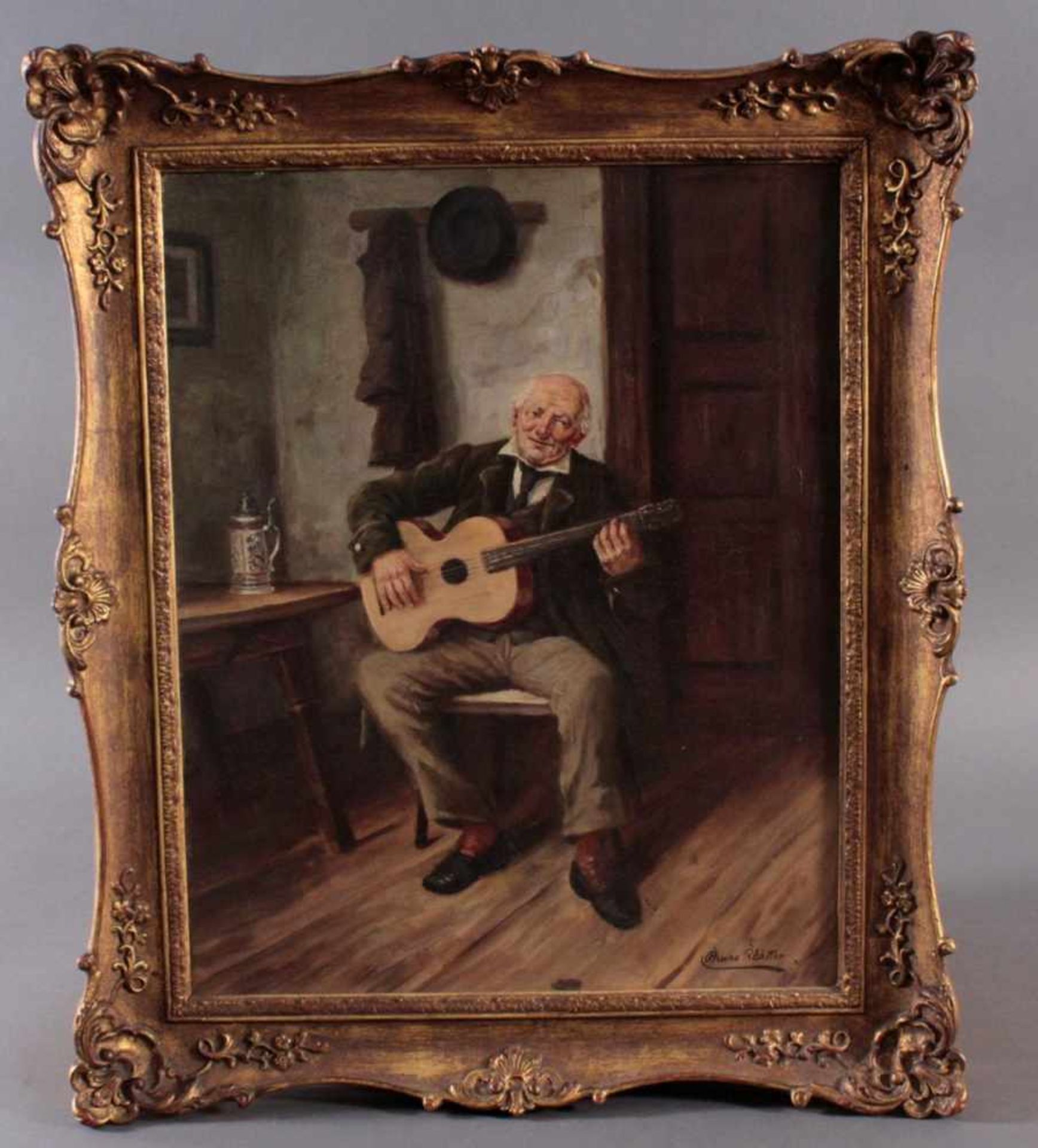 Bruno Blätter (1870-?)Mann mit Gitarre und Bierkrug. Öl auf Leinwand, gerahmt. Unten rechts