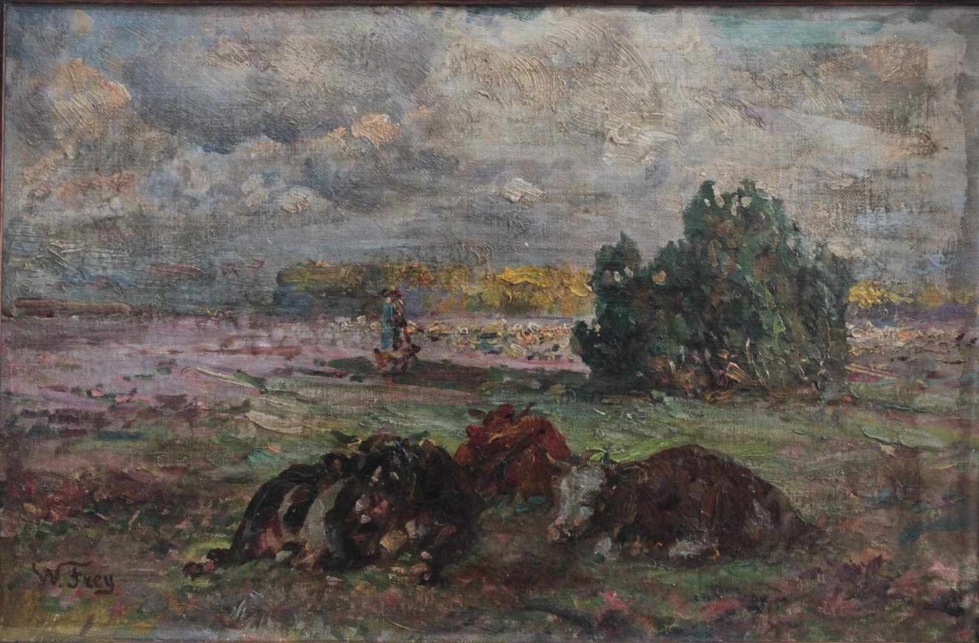 Wilhelm Frey (1826 - 1911), Hirtin mit liegenden Kühen auf der WeideÖl auf Karton gemalt, unten - Bild 2 aus 4