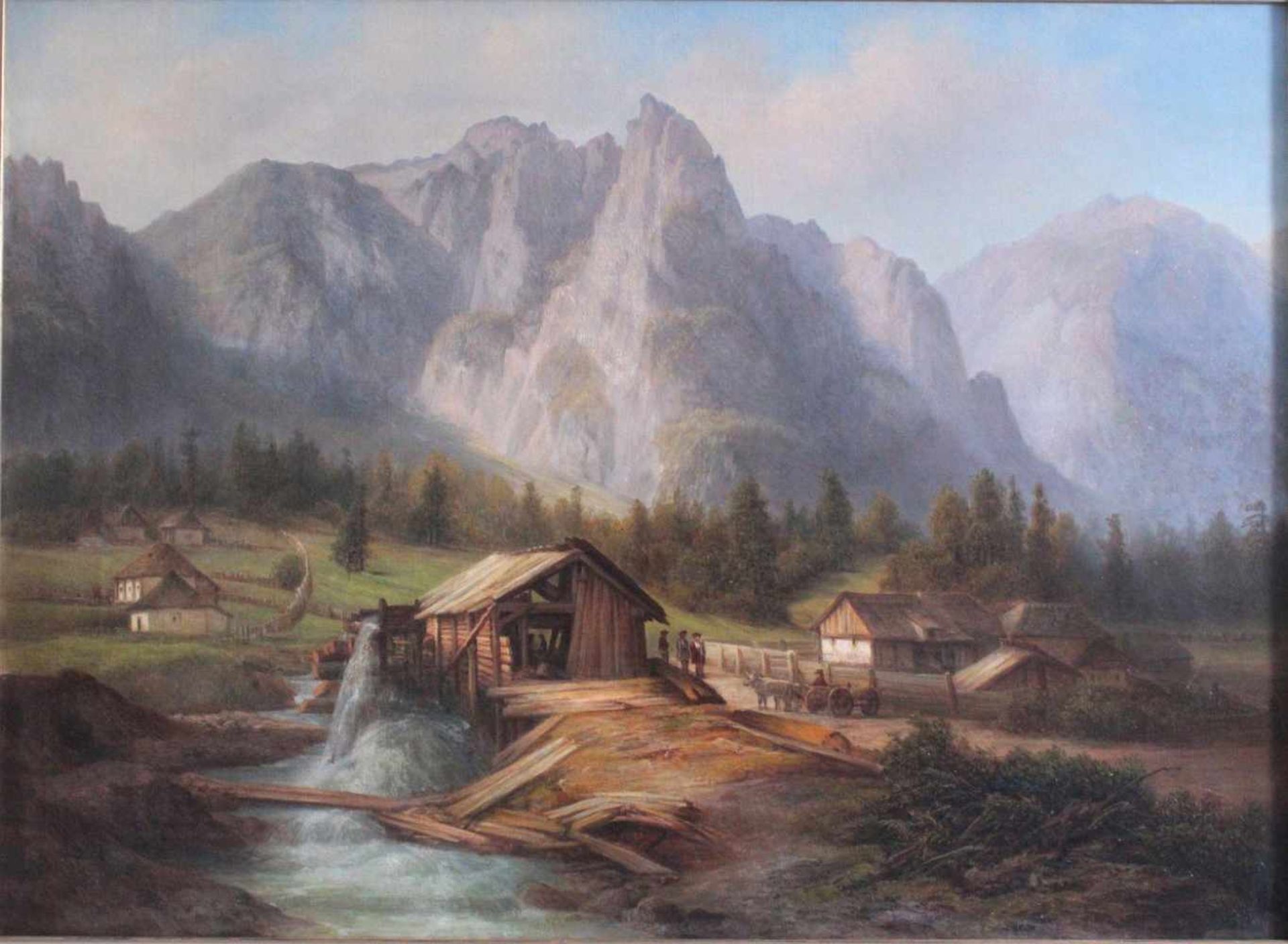 "Berglandschaft mit Häusern und Figurengruppe", 19. JahrhundertÖl/Leinwand, unbekannter Künstler, - Bild 2 aus 3