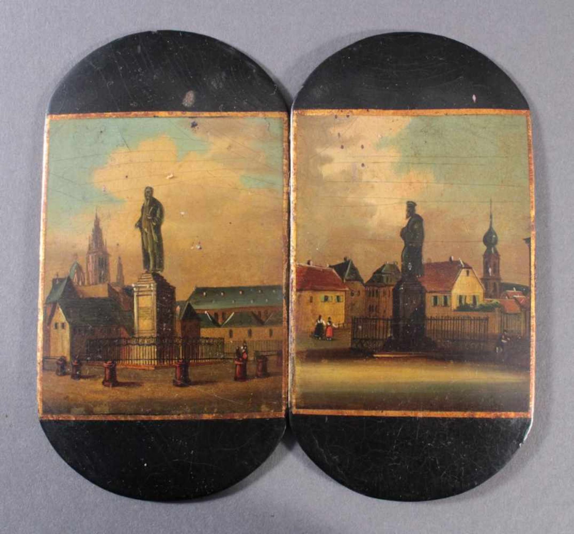 Bemalte Deckel wohl Stobwasser, Braunschweig, 19. JahrhundertPappmaché/Öl, "Städteansichten mit