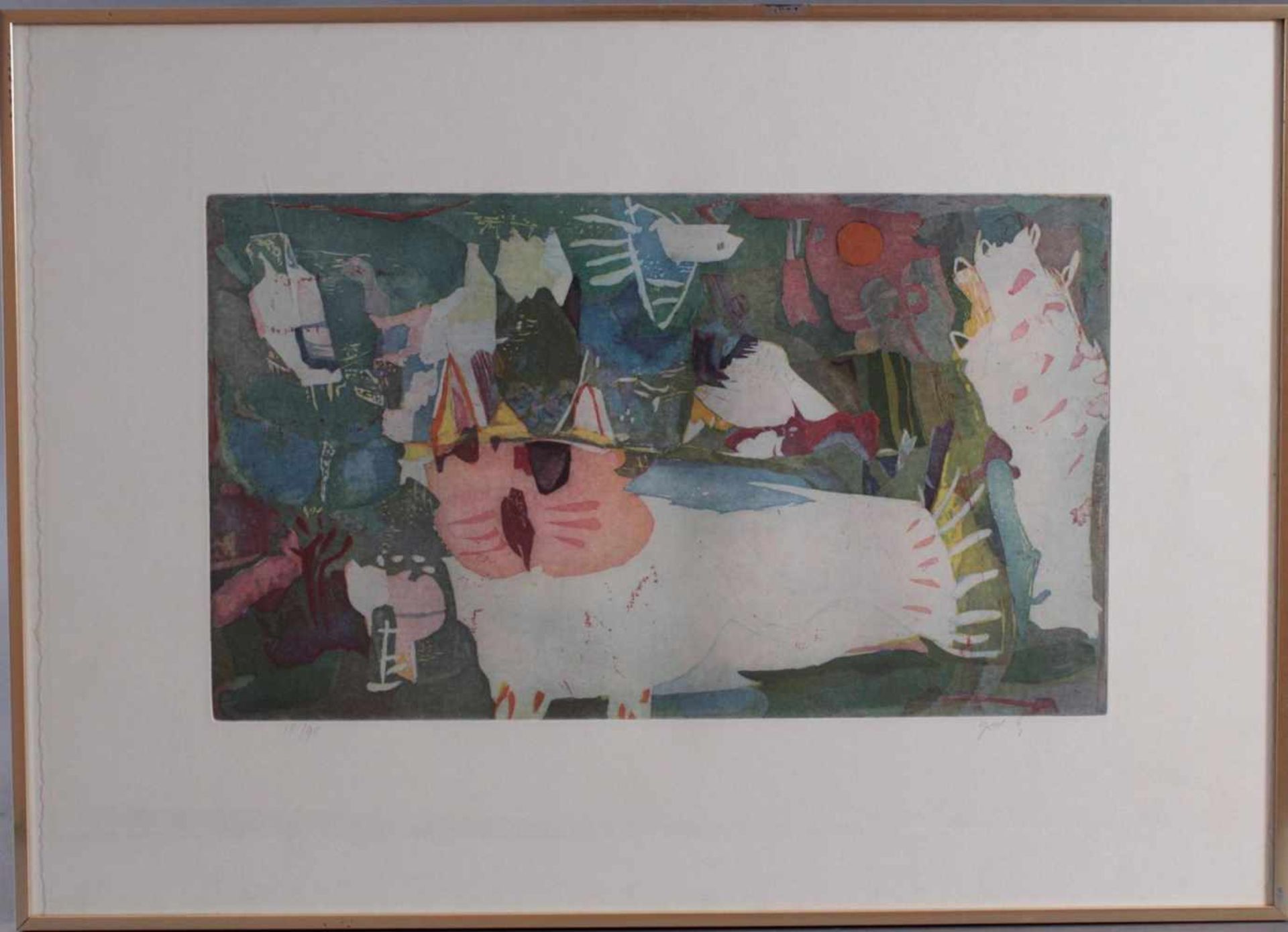 Yoshi Takahashi (1943-1998)Farbradierung, "Katze und Vogel", 1989, rechts unten signiert, nummeriert