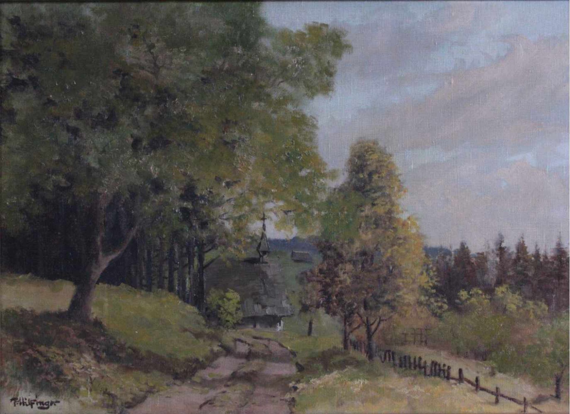 F. Hilfinger ?-?, "Sommerliche Landschaft mit Kirche"Öl auf Leinwand gemalt, unten links signiert, - Image 2 of 4