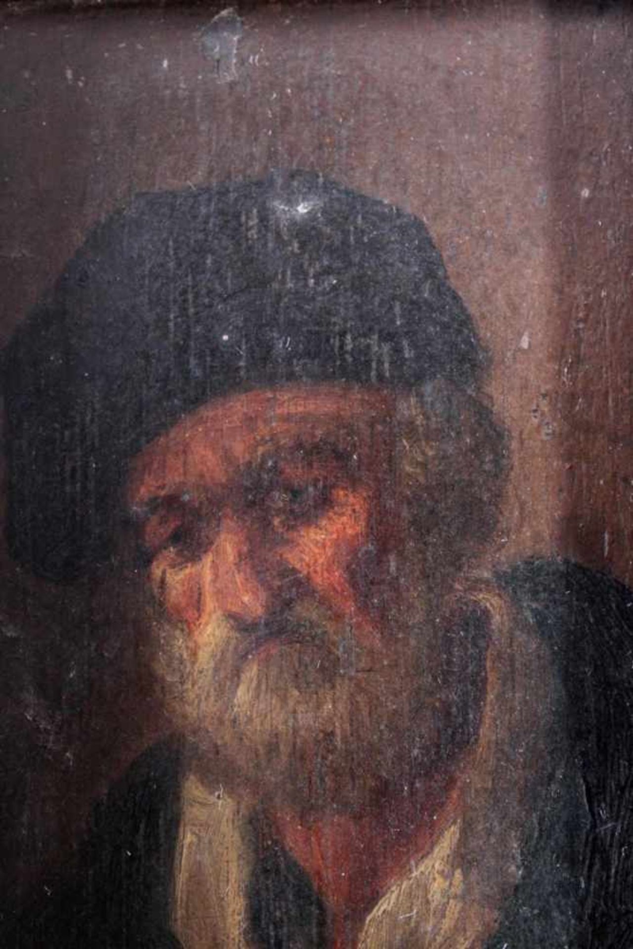 Bildnis eines bärtigen älteren Herren mit Hut. 19. JahrhundertÖl auf Holz, unsigniert, verso - Bild 2 aus 3
