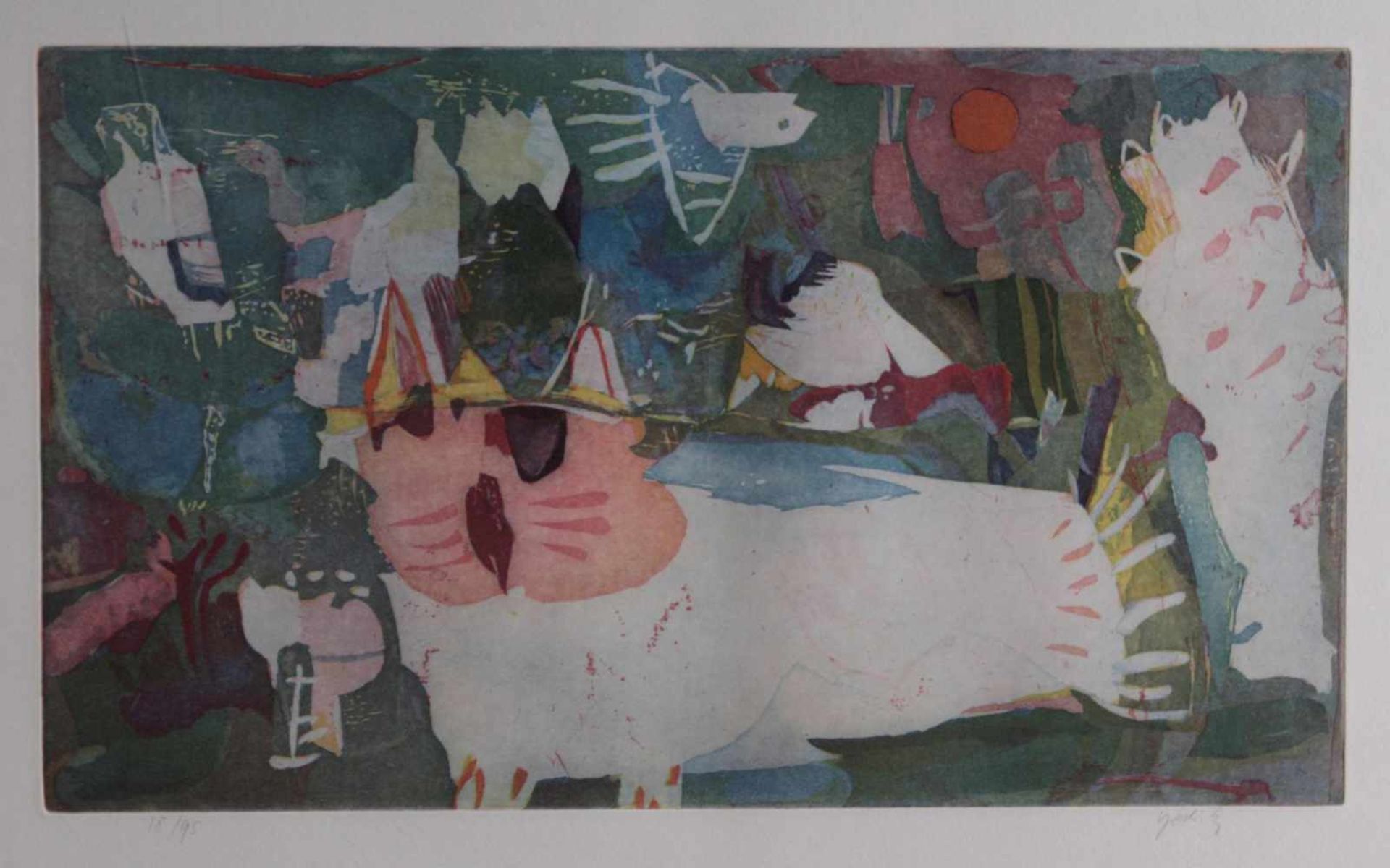 Yoshi Takahashi (1943-1998)Farbradierung, "Katze und Vogel", 1989, rechts unten signiert, nummeriert - Bild 2 aus 3