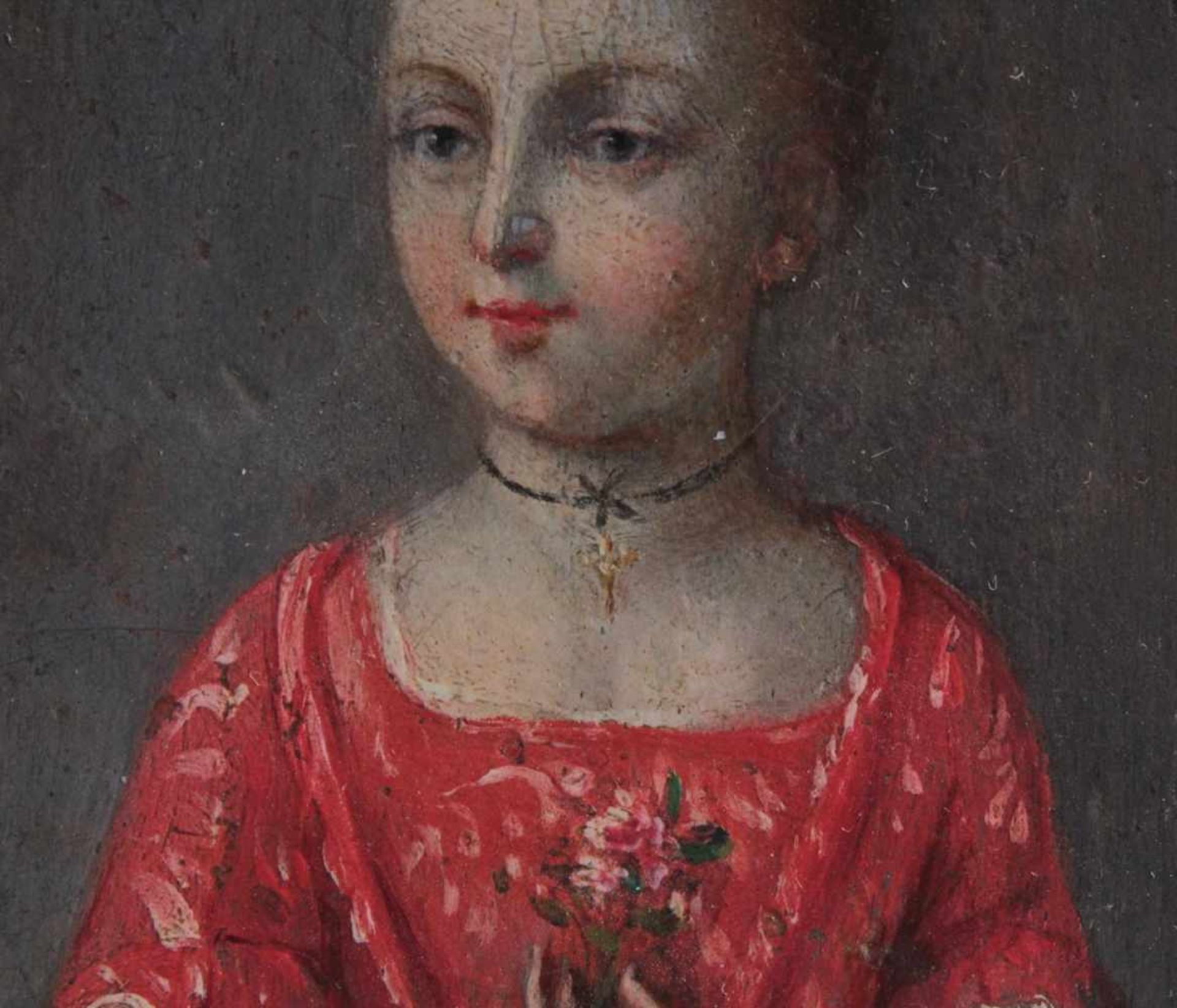 Maria Teresa, MiniaturportraitÖl auf Holz, fein gemaltes Halbportrait der jungen Herzogin im rot- - Bild 3 aus 7