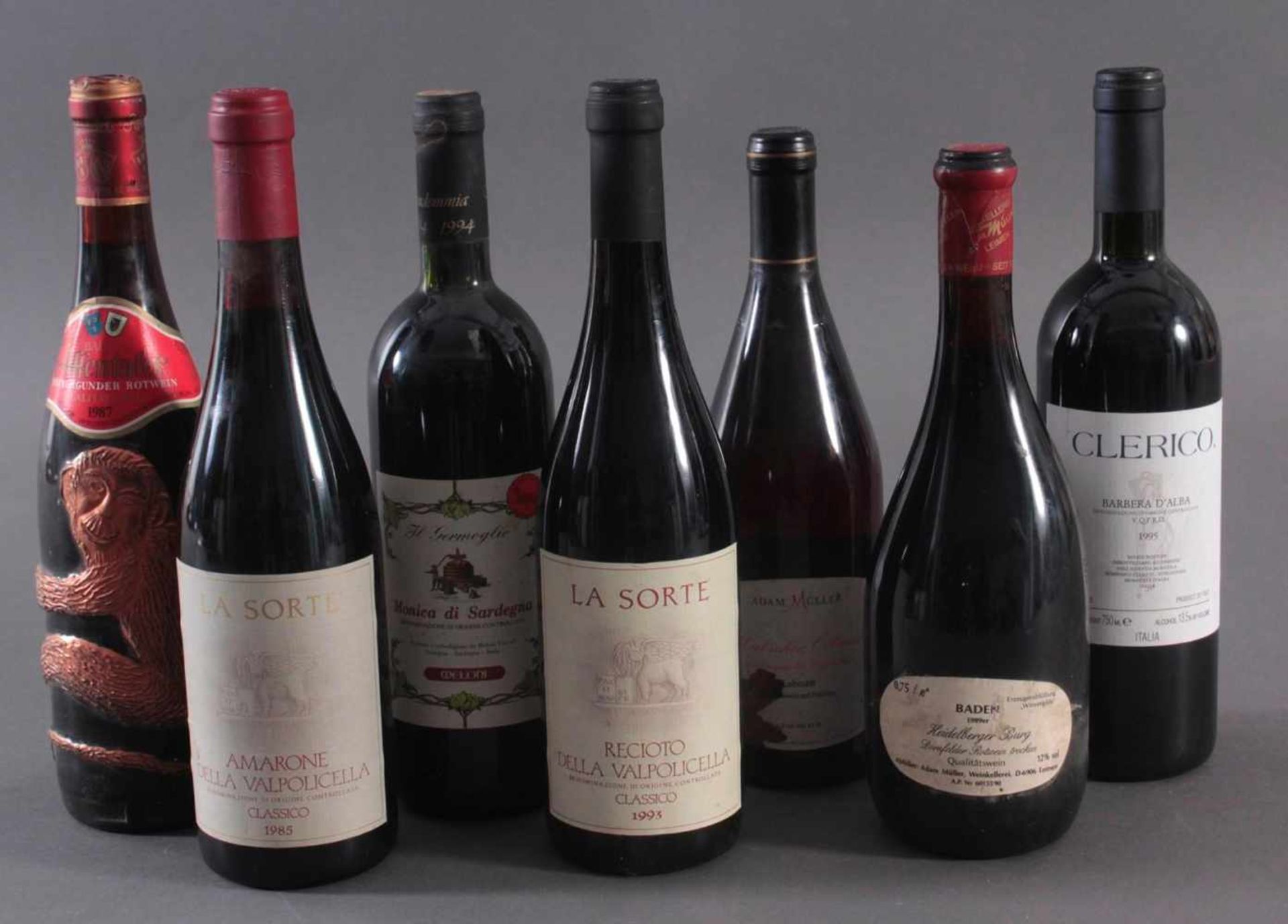 Konvolut von 7 Flaschen Rotwein1x 1995er Clerico, Barbera D` Alba. 1x 1989er Heidelberger Burg,