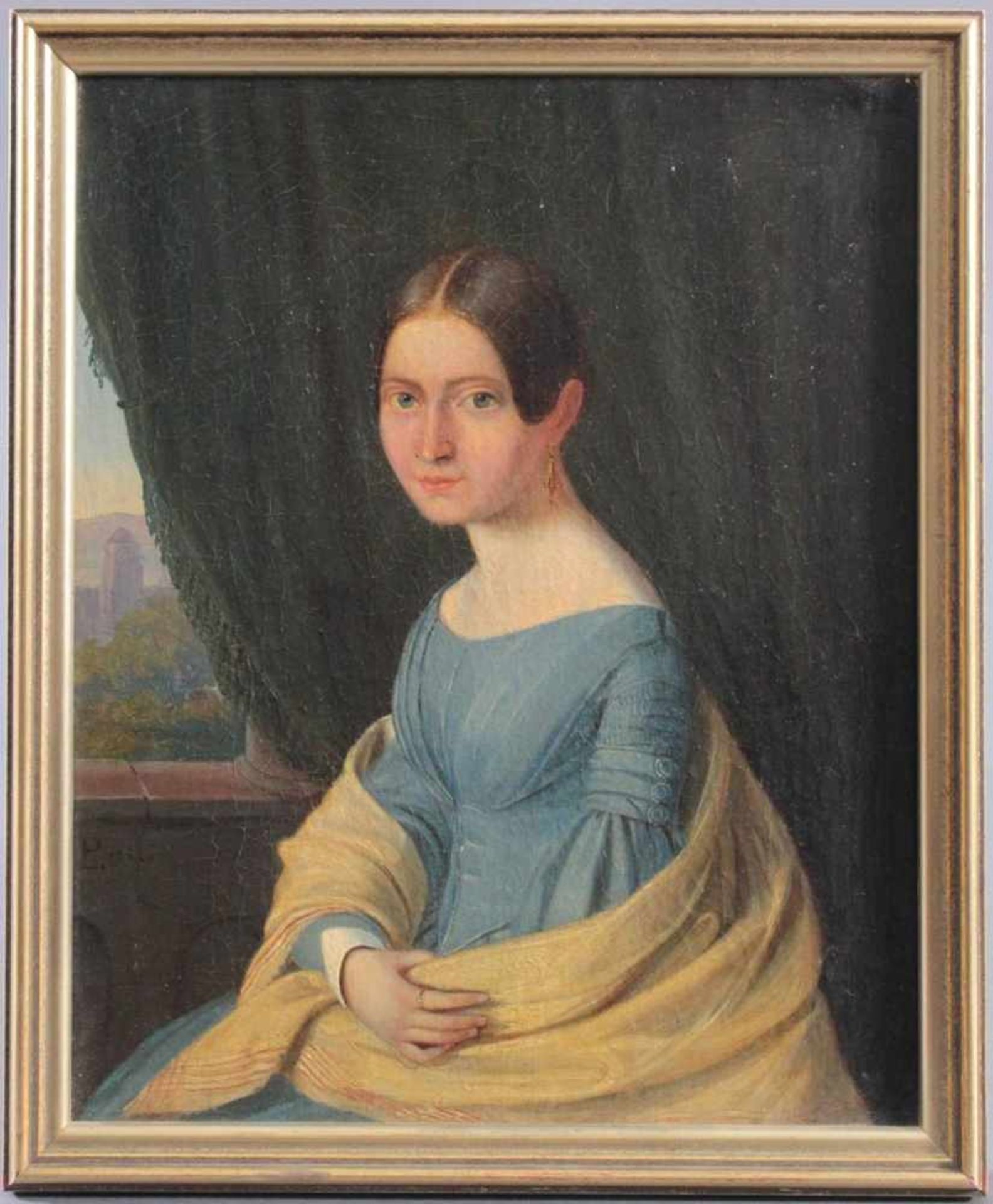 Frauenbildnis des 19. JahrhundertsÖl auf Leinwand, junge Frau mit blauem Kleid, doubliert, links