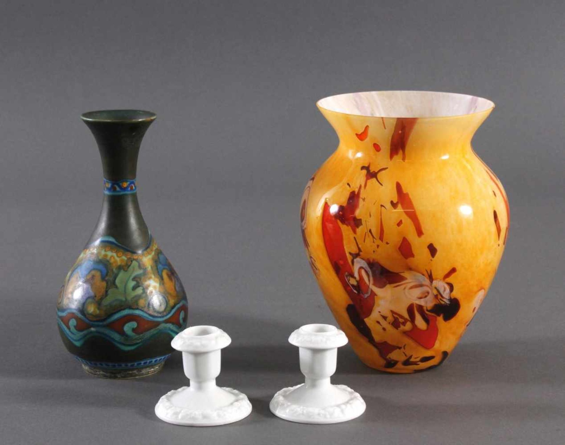 Posten Glas-Porzellan/Keramik4 Teile. 2 kleine Rosenthal Kerzenhalter, Dekor "Maria Weiß", ca. 6