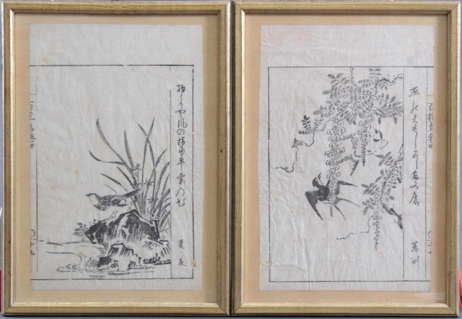 2 antike asiatische TuschezeichnungenUnterschiedliche Vogelmotive. Tusche auf Reispapier gemalt,