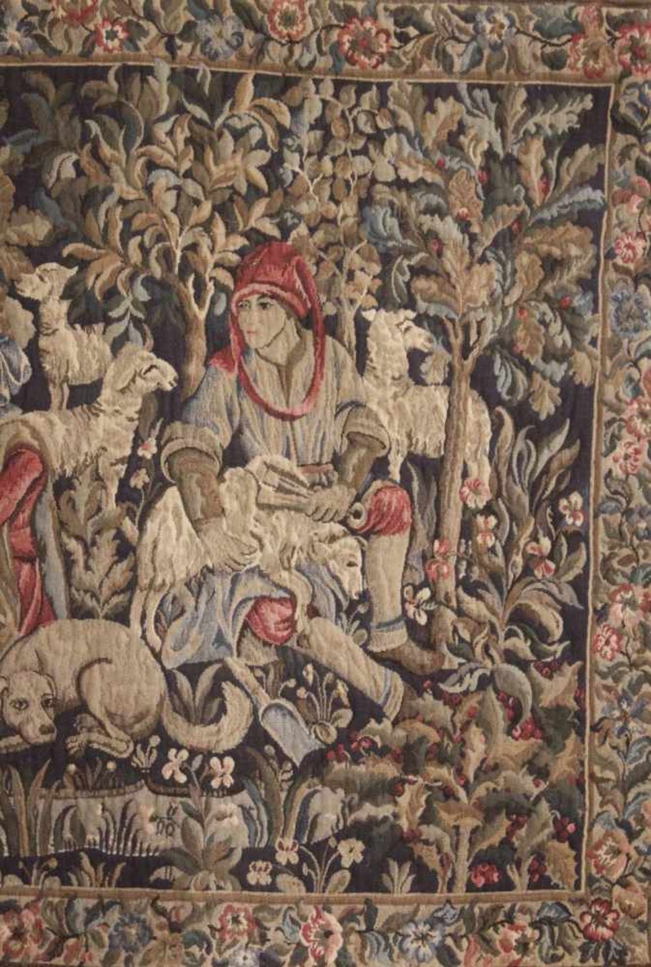 Großer Gobelin 20. Jh.Wolle, Personenstaffage mit Schafen, ca. 125 x 182 cm. Muss gereinigt werden.- - Bild 4 aus 4