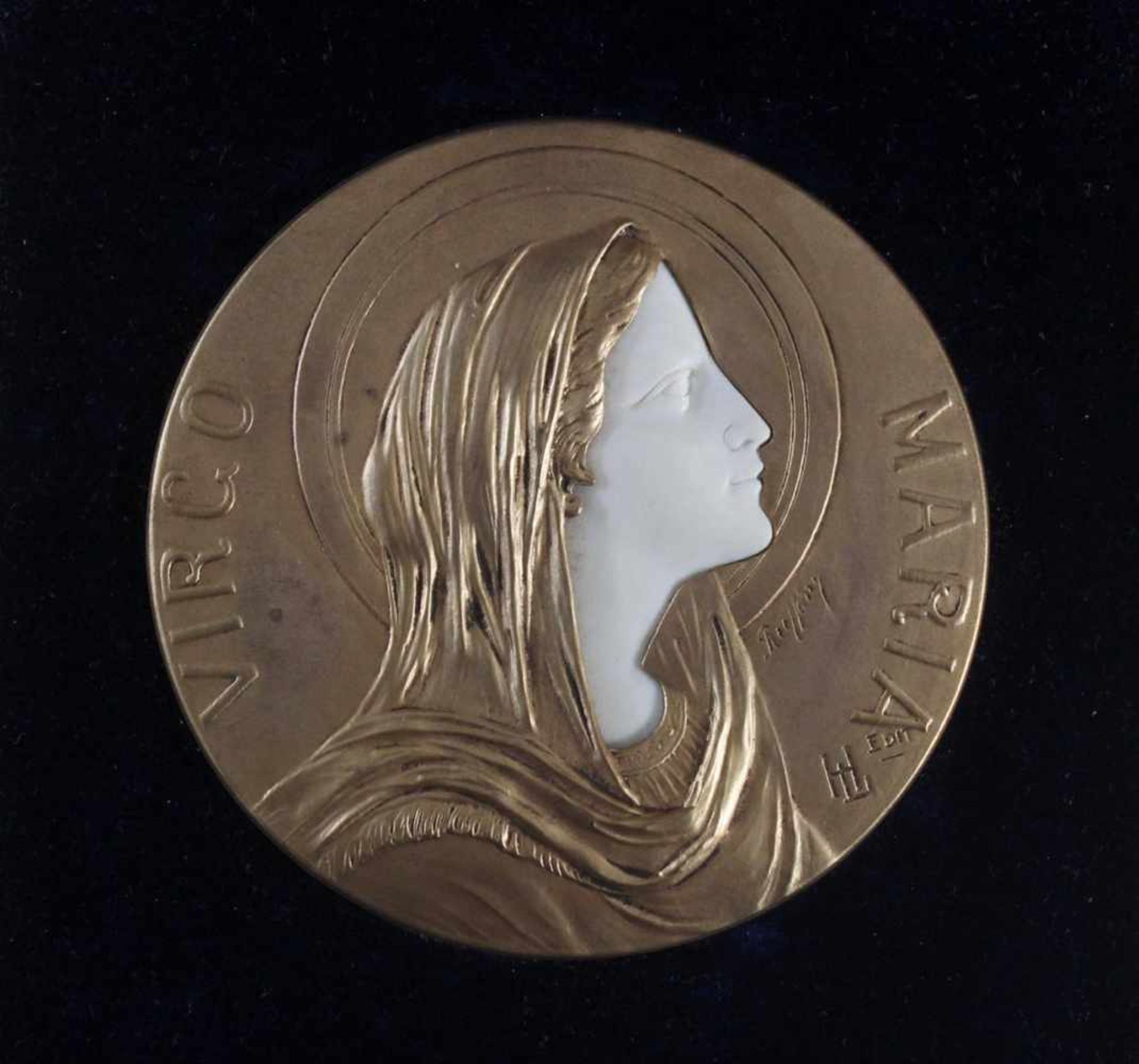 Bronzemedaille im Etui, Frankreich um 1900, signiert Ruffony, Virgo MariaBronzemedaille mit - Bild 2 aus 5