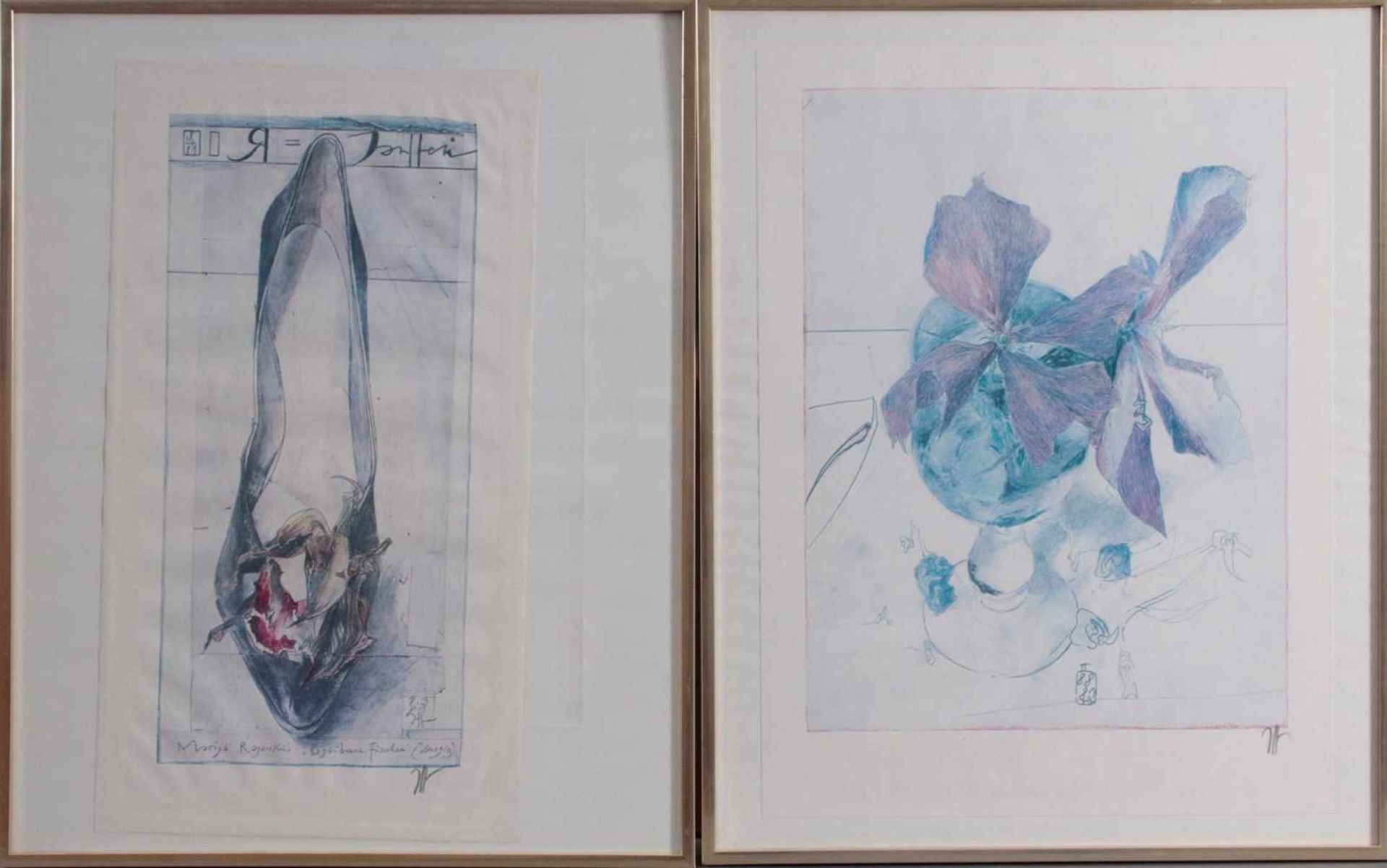 Horst Janssen (1929 - 1995)2 Farbdrucke, "Violette Clematis" ca. 45 x 33 cm. "Maja Rajewskajas Schuh