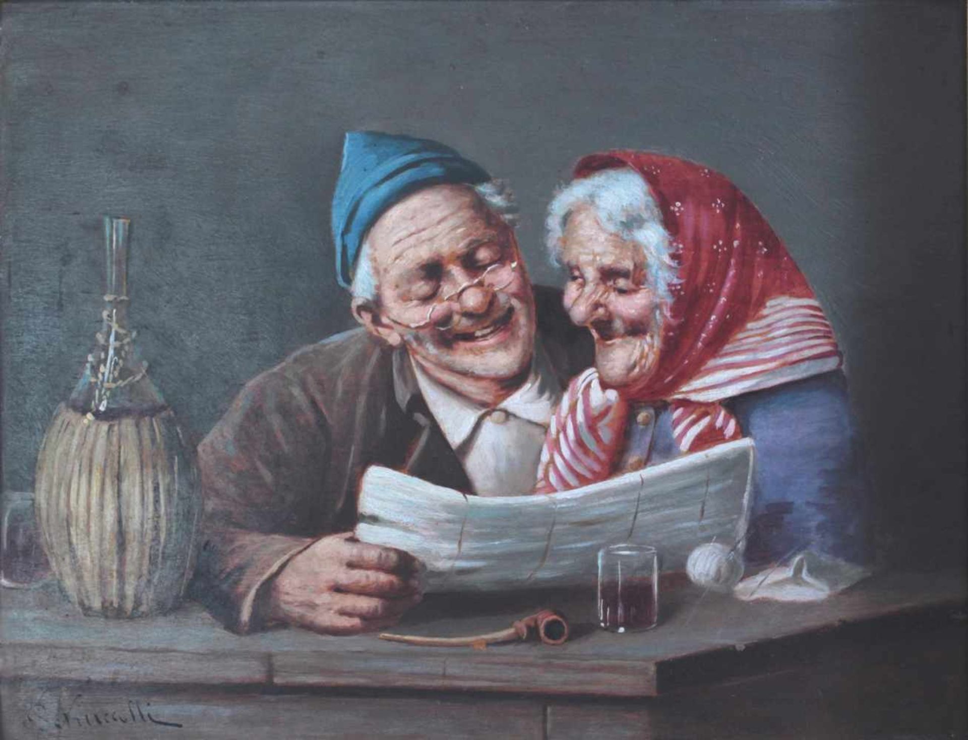 Schusselli ?-?, Mann und Frau lachend die Zeitung lesendÖl auf Holz gemalt, unten links signiert, - Bild 2 aus 4