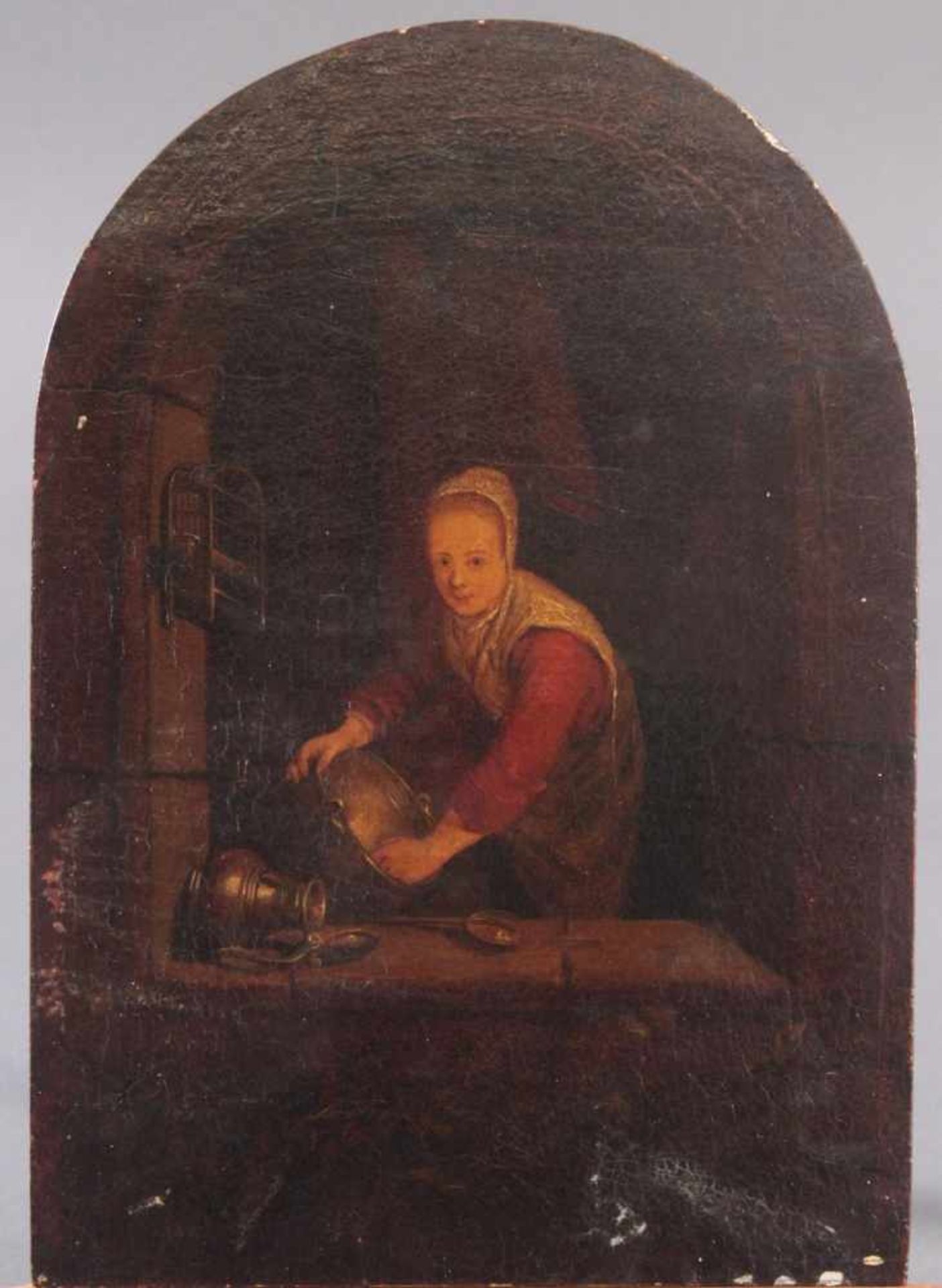 Gerard Dou (1613 - 1675)Öl auf Holz, oben rundbogig, "Frau am Fenster bei der Hausarbeit", verso