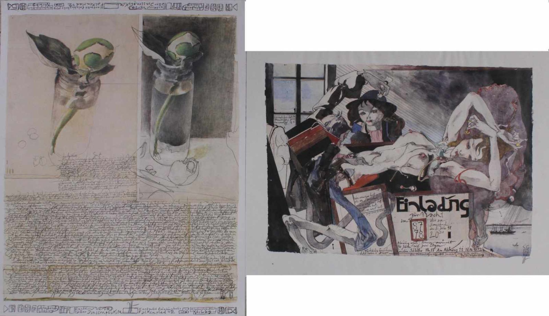 Horst Janssen (1929 - 1995)2 Kunstdrucke, "Aprikose" ca. 67 x 52 cm. "Einladung zur Nacht am 8. Juli