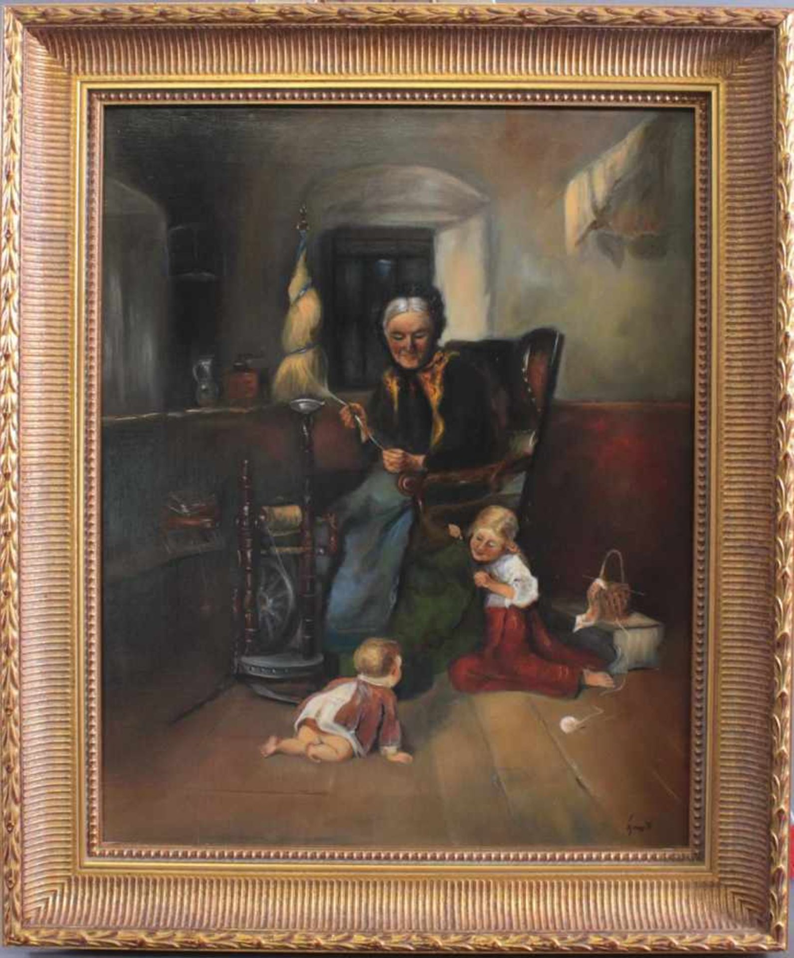 Wolfgang Thomas (1926-2007)Öl auf Leinwand. "Oma beim spindeln mit Enkelkinder", unten rechts