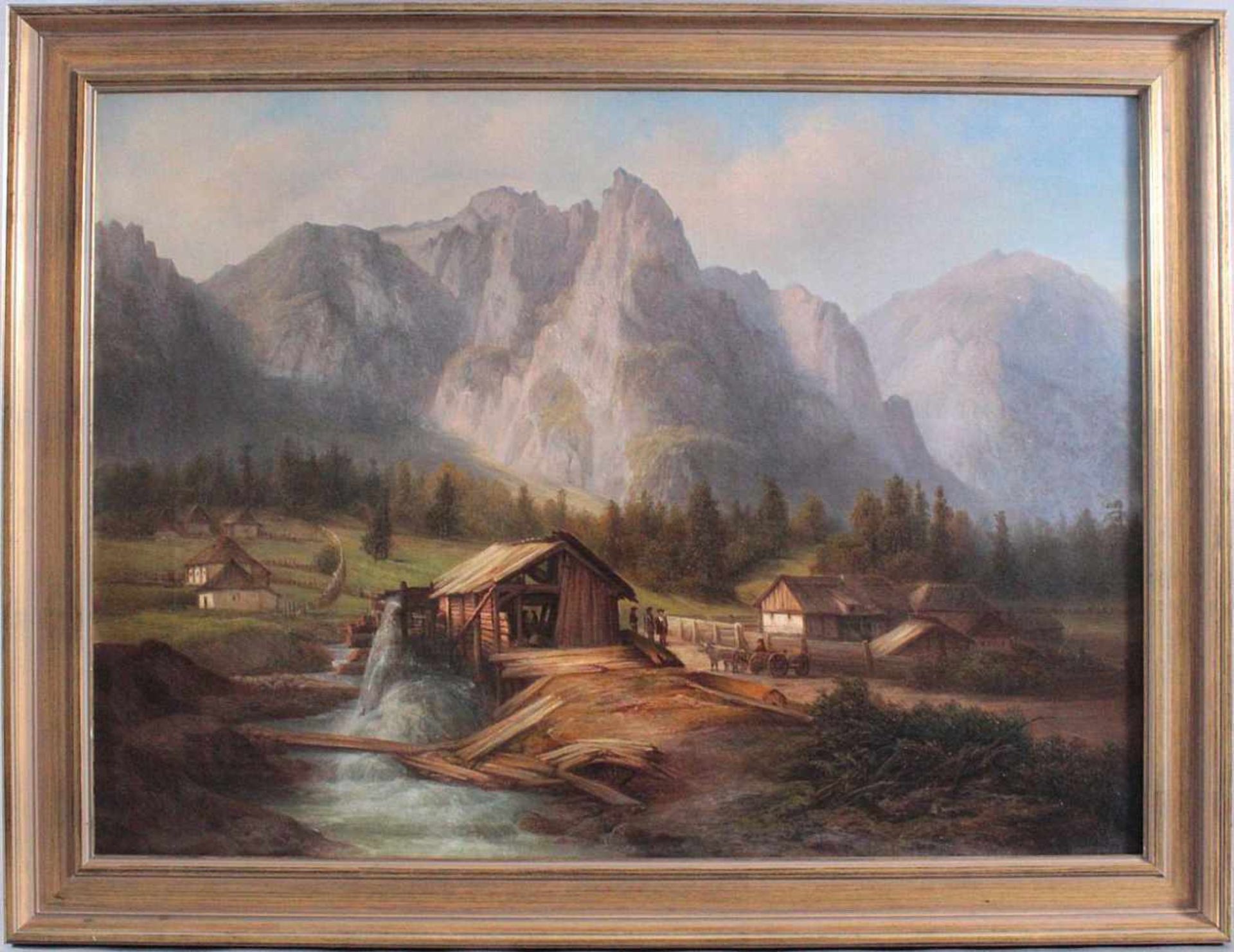 "Berglandschaft mit Häusern und Figurengruppe", 19. JahrhundertÖl/Leinwand, unbekannter Künstler,