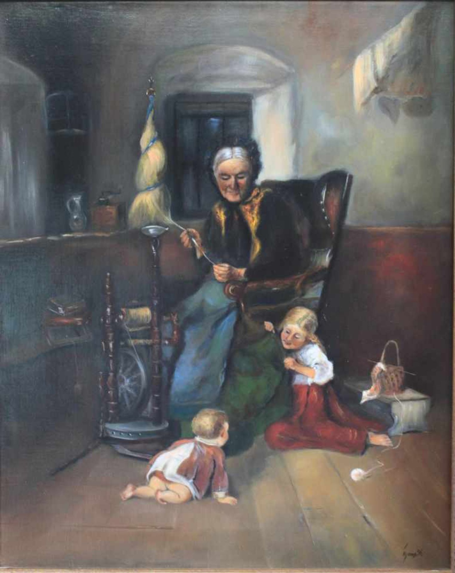 Wolfgang Thomas (1926-2007)Öl auf Leinwand. "Oma beim spindeln mit Enkelkinder", unten rechts - Bild 2 aus 4